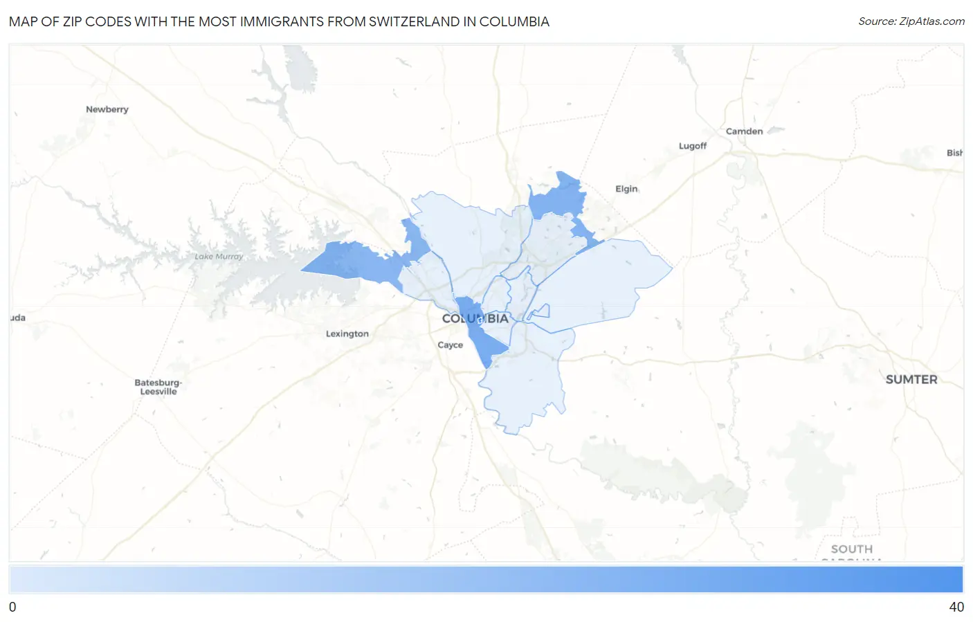 Zip Codes with the Most Immigrants from Switzerland in Columbia Map