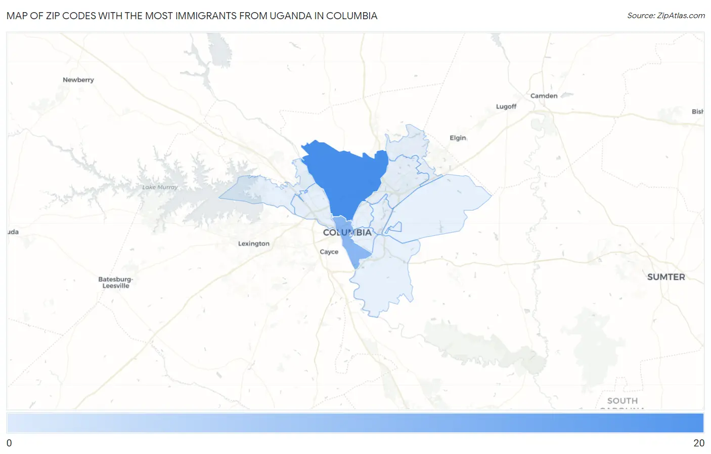 Zip Codes with the Most Immigrants from Uganda in Columbia Map
