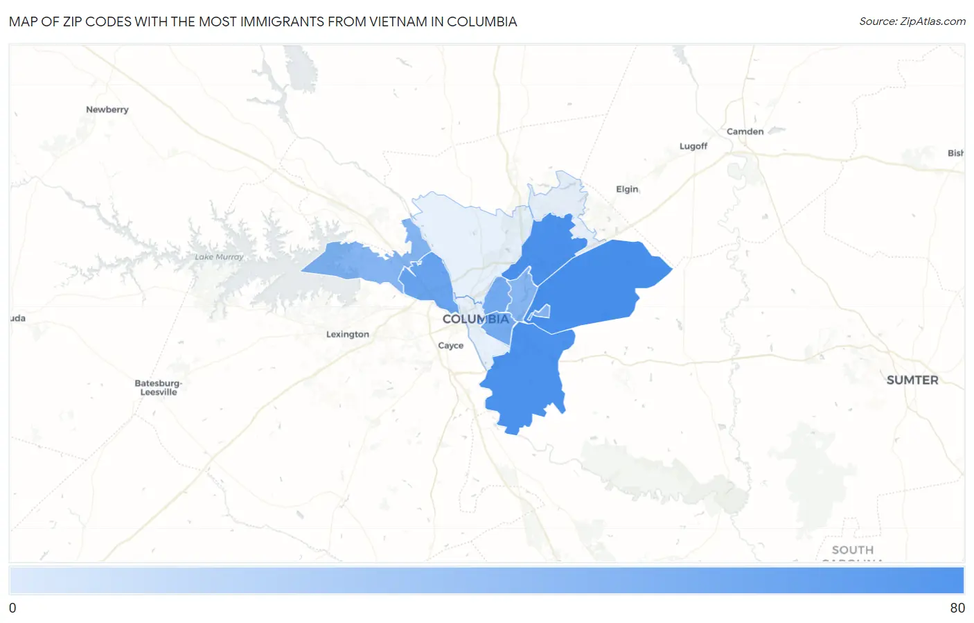 Zip Codes with the Most Immigrants from Vietnam in Columbia Map