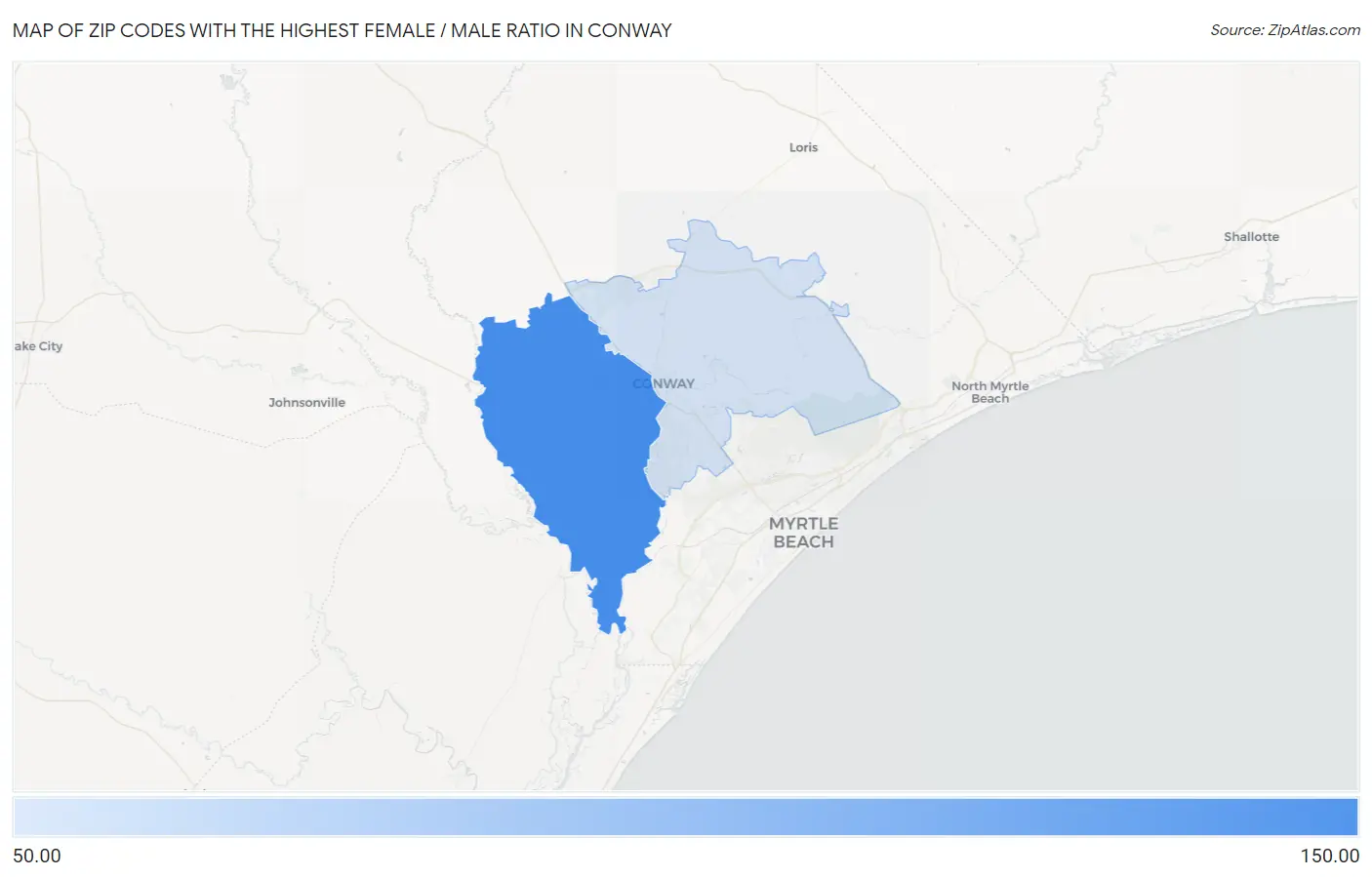 Zip Codes with the Highest Female / Male Ratio in Conway Map