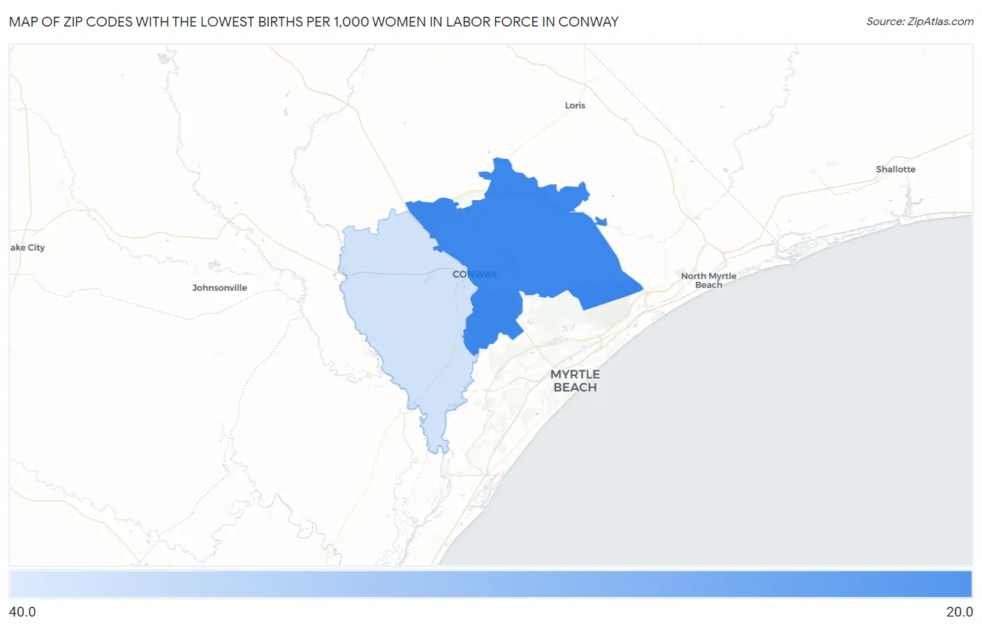 Zip Codes with the Lowest Births per 1,000 Women in Labor Force in Conway Map