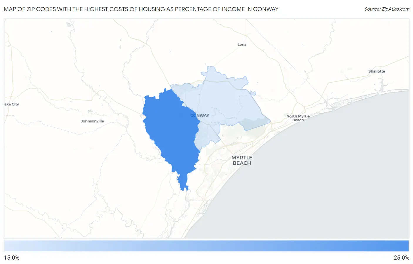 Zip Codes with the Highest Costs of Housing as Percentage of Income in Conway Map