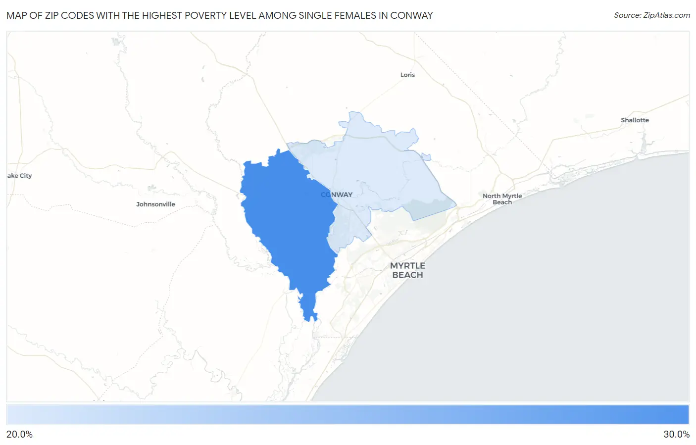 Zip Codes with the Highest Poverty Level Among Single Females in Conway Map