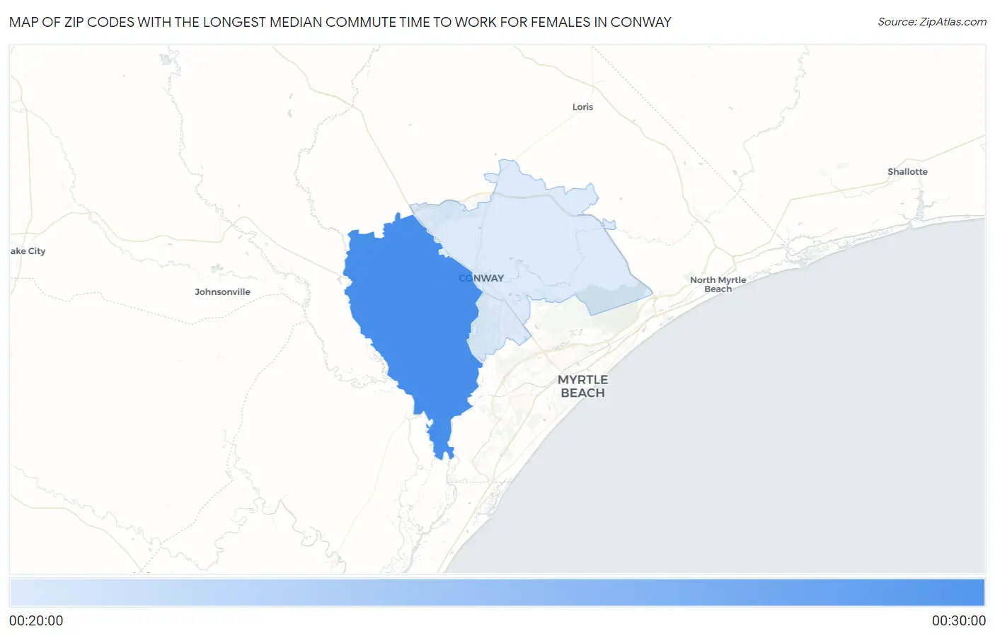 Zip Codes with the Longest Median Commute Time to Work for Females in Conway Map