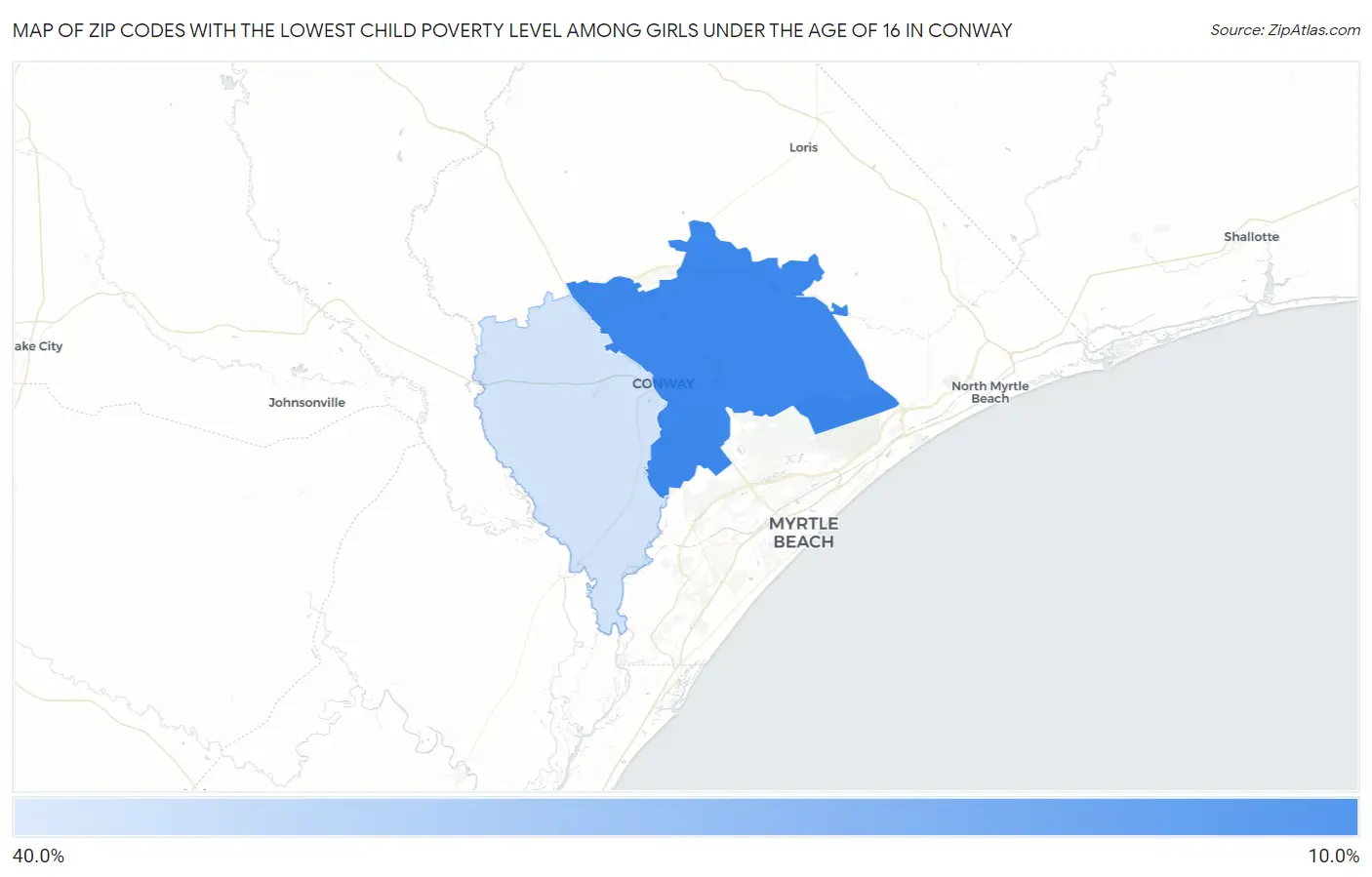 Zip Codes with the Lowest Child Poverty Level Among Girls Under the Age of 16 in Conway Map