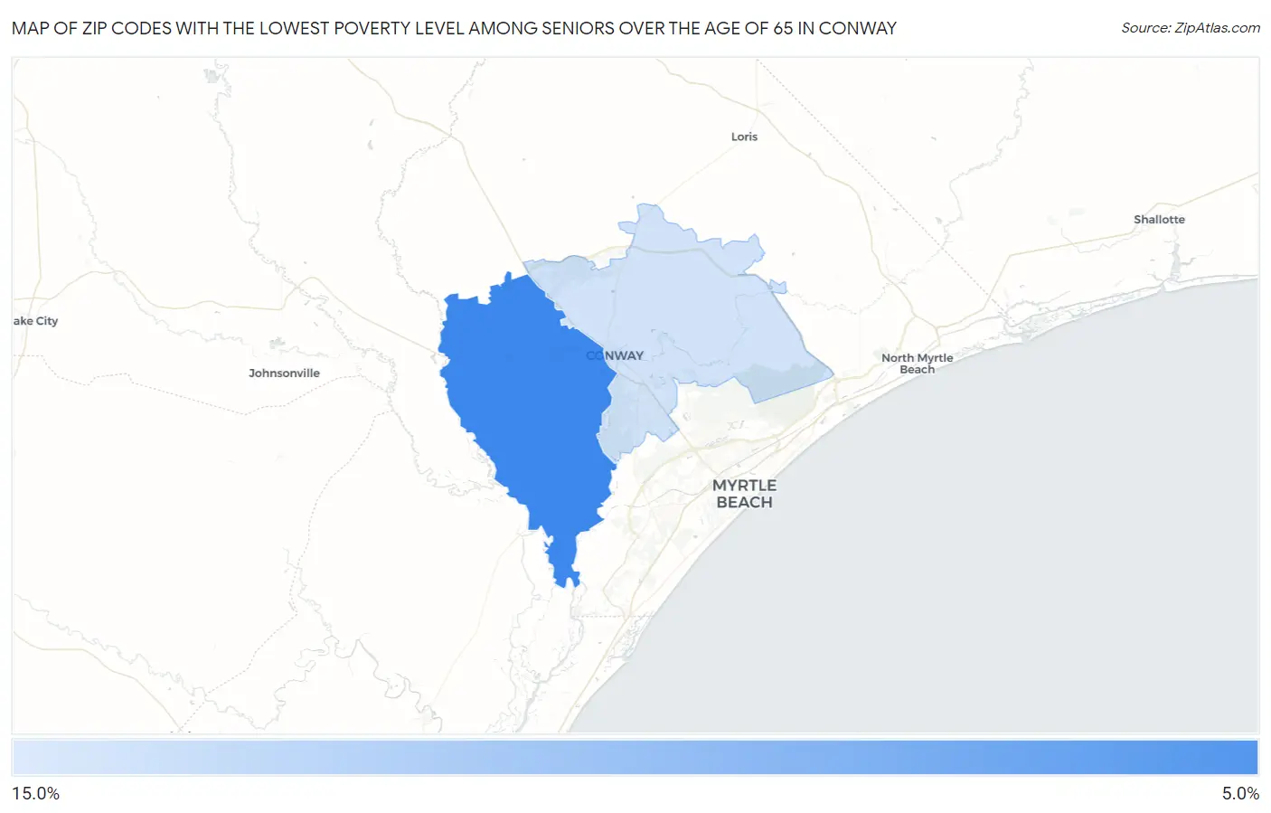 Zip Codes with the Lowest Poverty Level Among Seniors Over the Age of 65 in Conway Map