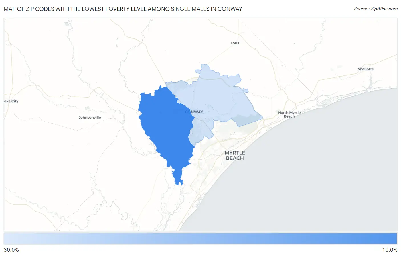 Zip Codes with the Lowest Poverty Level Among Single Males in Conway Map