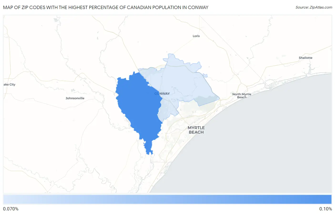 Zip Codes with the Highest Percentage of Canadian Population in Conway Map