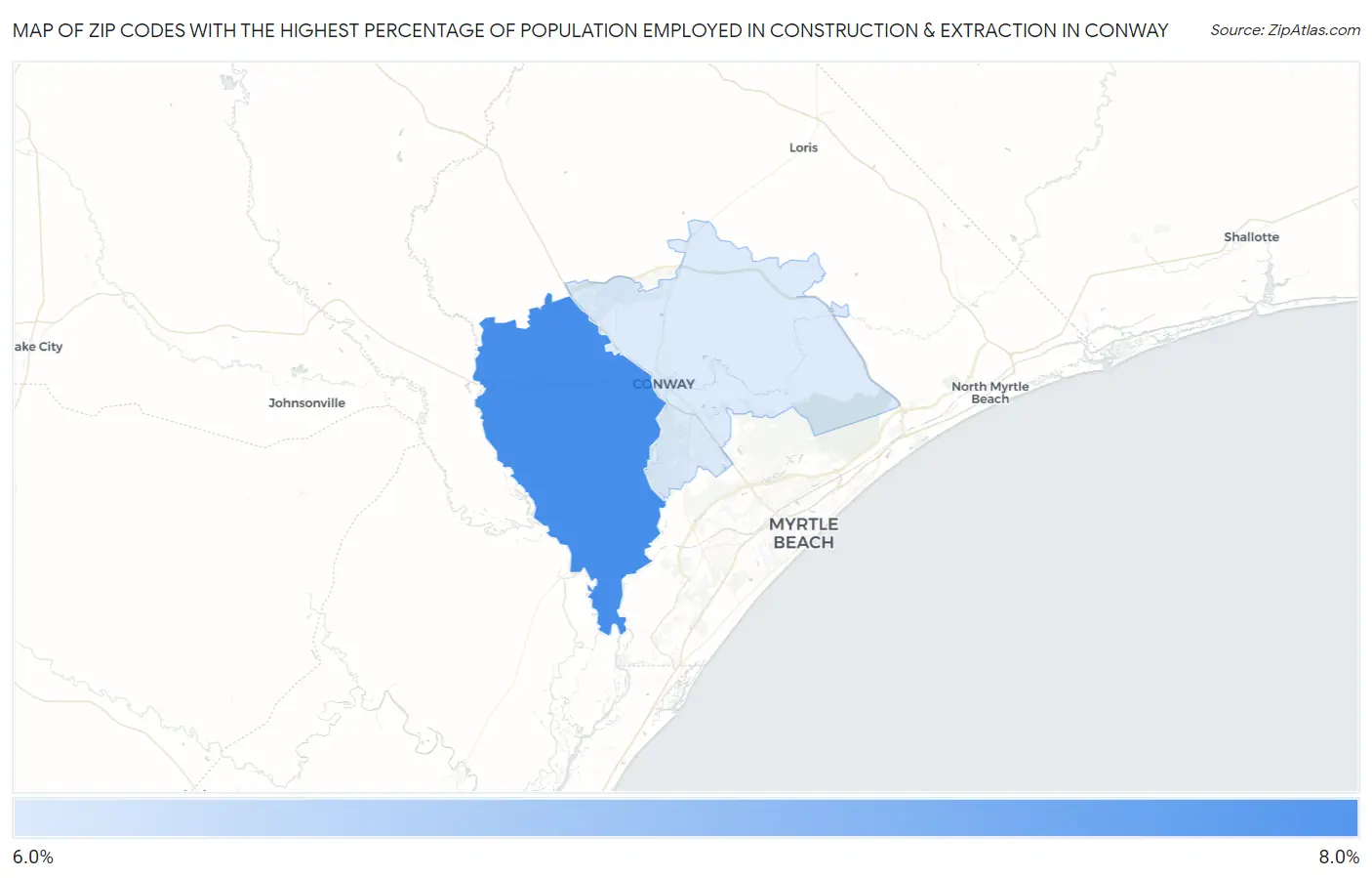 Zip Codes with the Highest Percentage of Population Employed in Construction & Extraction in Conway Map