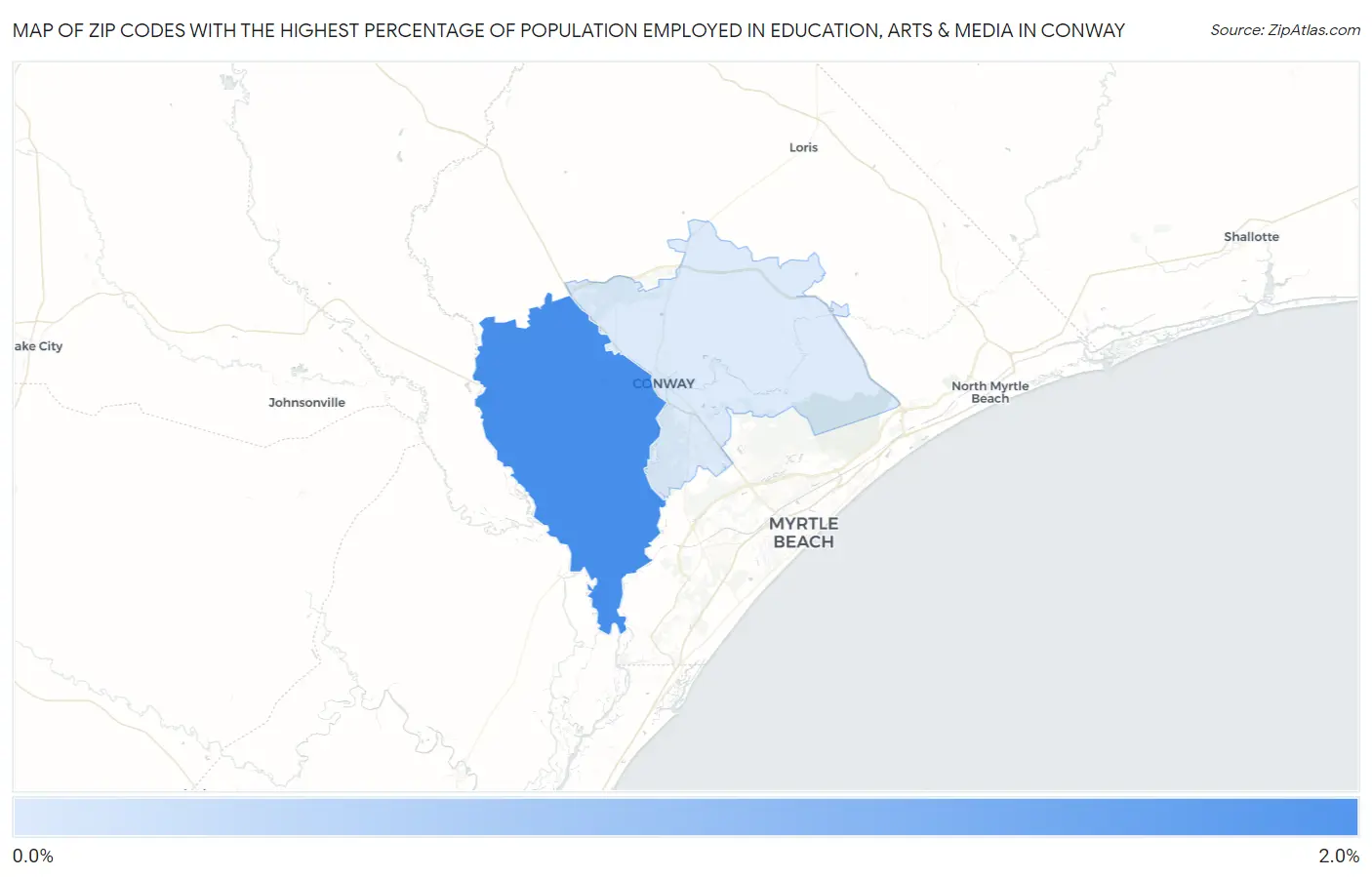 Zip Codes with the Highest Percentage of Population Employed in Education, Arts & Media in Conway Map