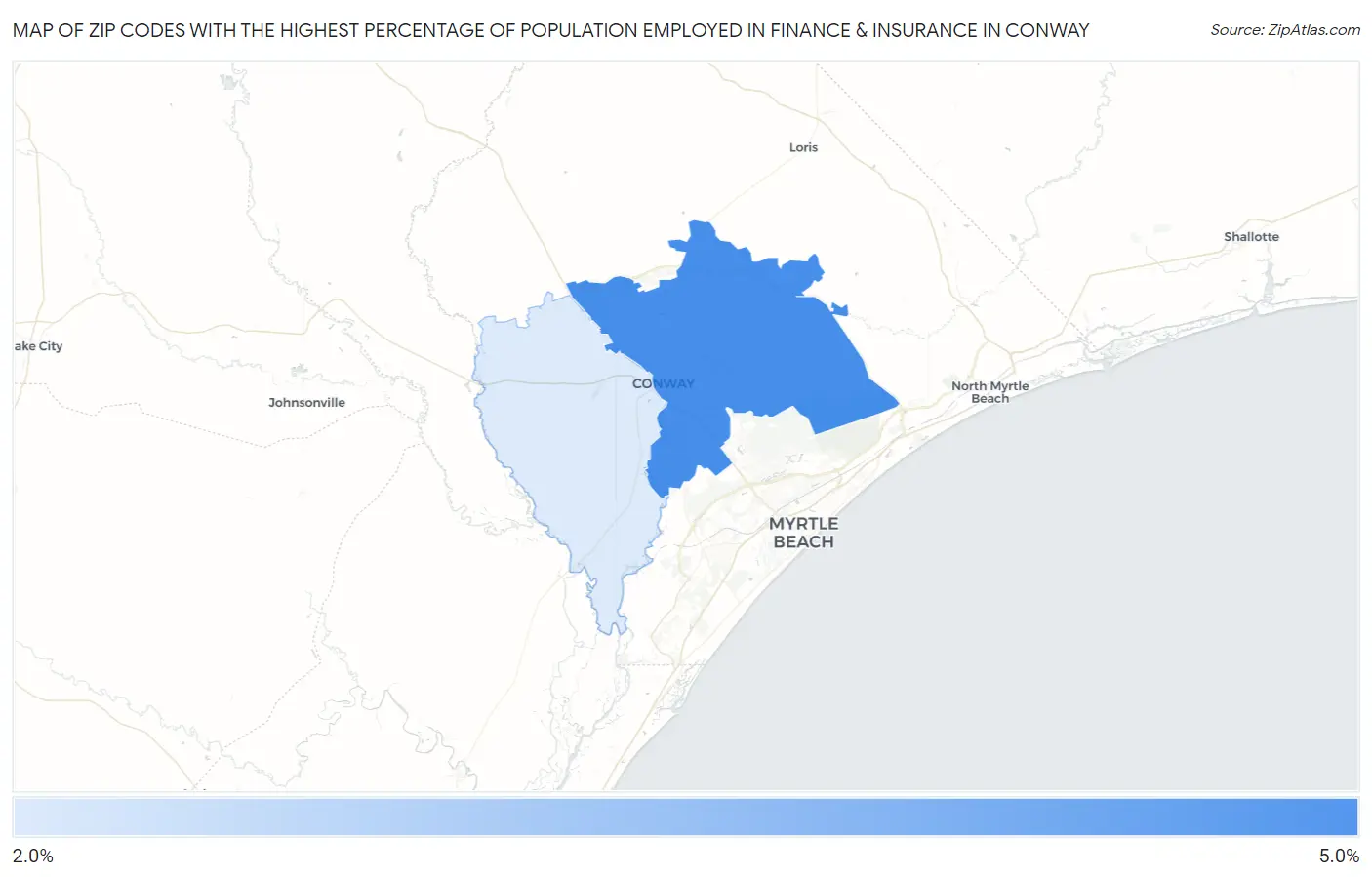 Zip Codes with the Highest Percentage of Population Employed in Finance & Insurance in Conway Map