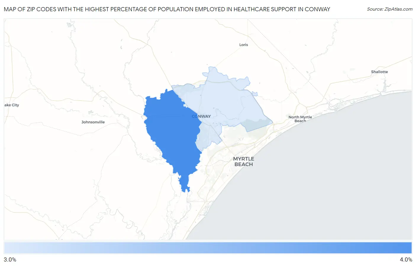 Zip Codes with the Highest Percentage of Population Employed in Healthcare Support in Conway Map