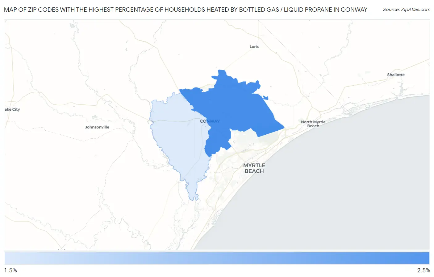 Zip Codes with the Highest Percentage of Households Heated by Bottled Gas / Liquid Propane in Conway Map