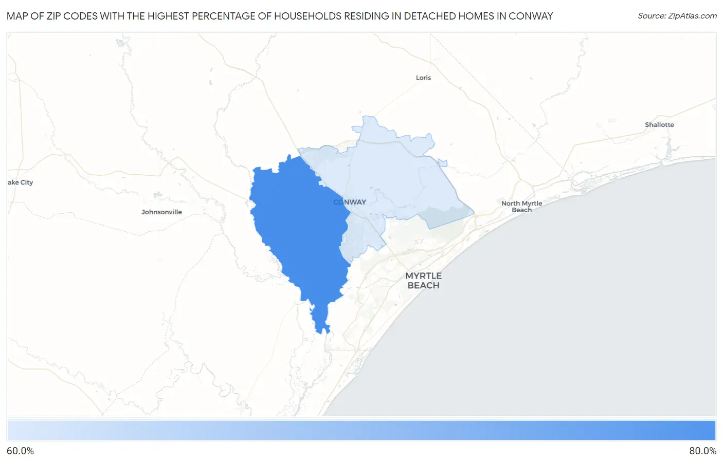 Zip Codes with the Highest Percentage of Households Residing in Detached Homes in Conway Map
