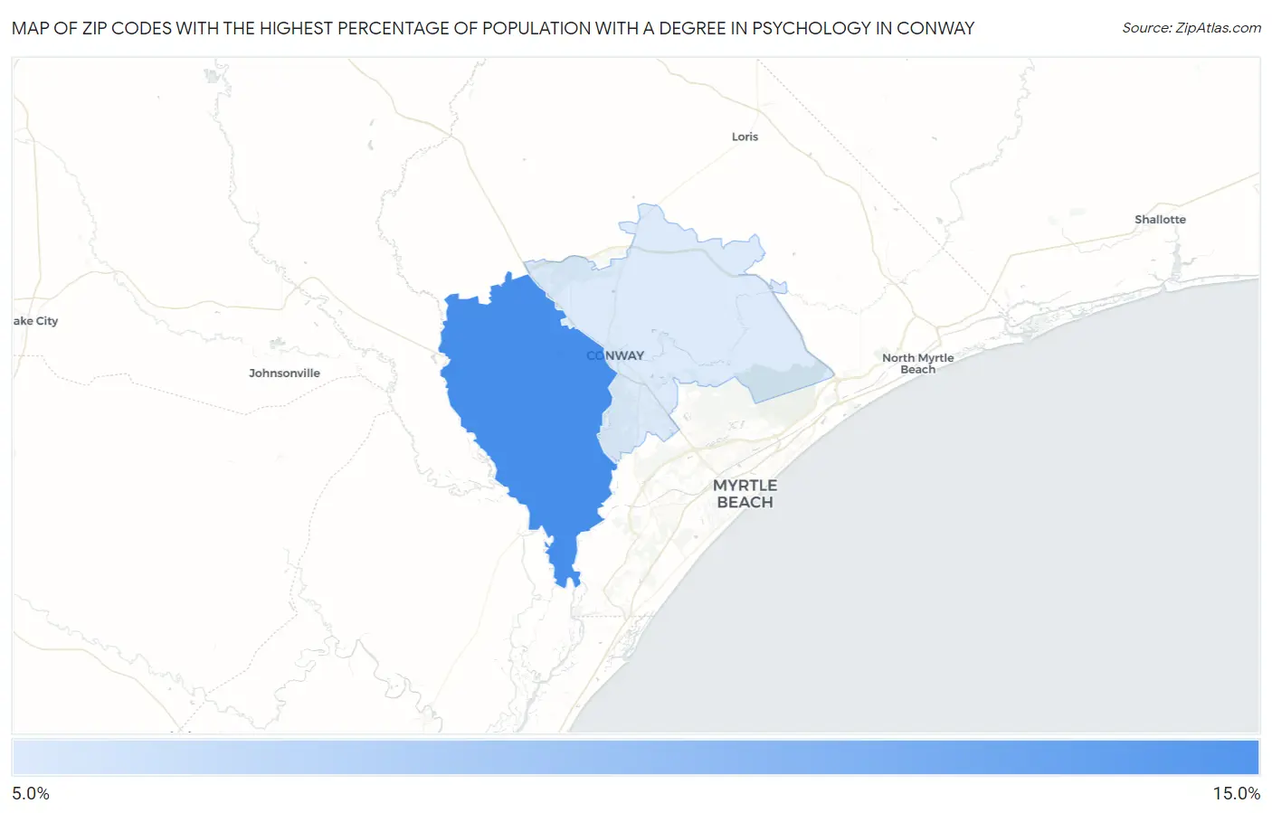 Zip Codes with the Highest Percentage of Population with a Degree in Psychology in Conway Map