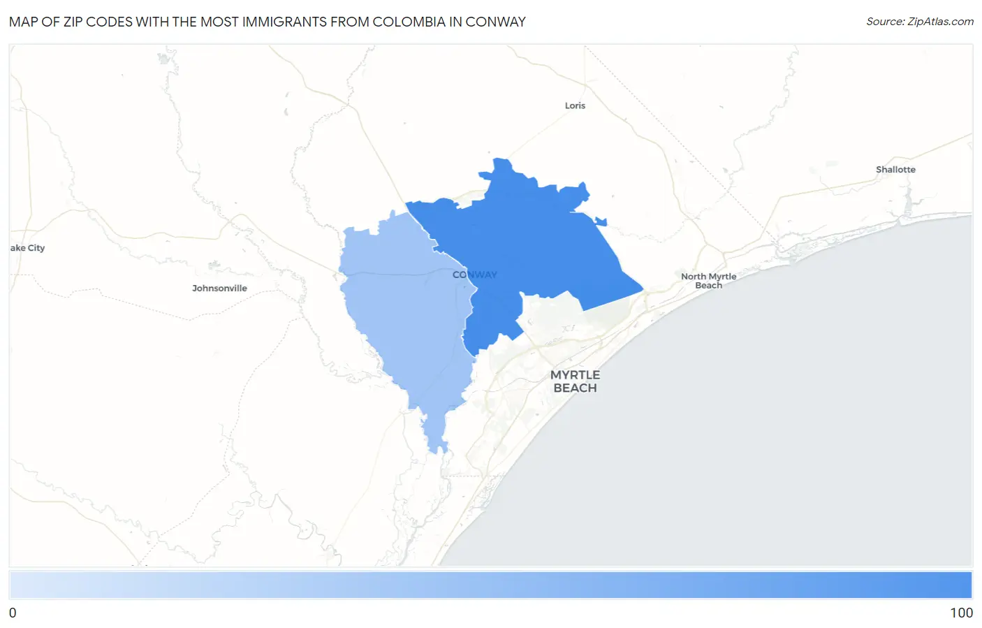 Zip Codes with the Most Immigrants from Colombia in Conway Map