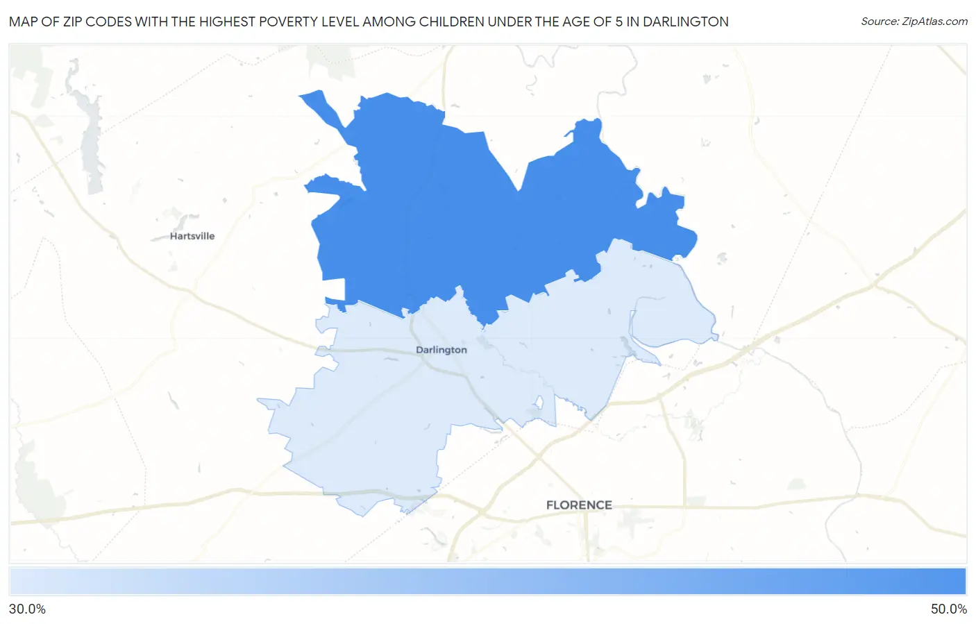 Zip Codes with the Highest Poverty Level Among Children Under the Age of 5 in Darlington Map