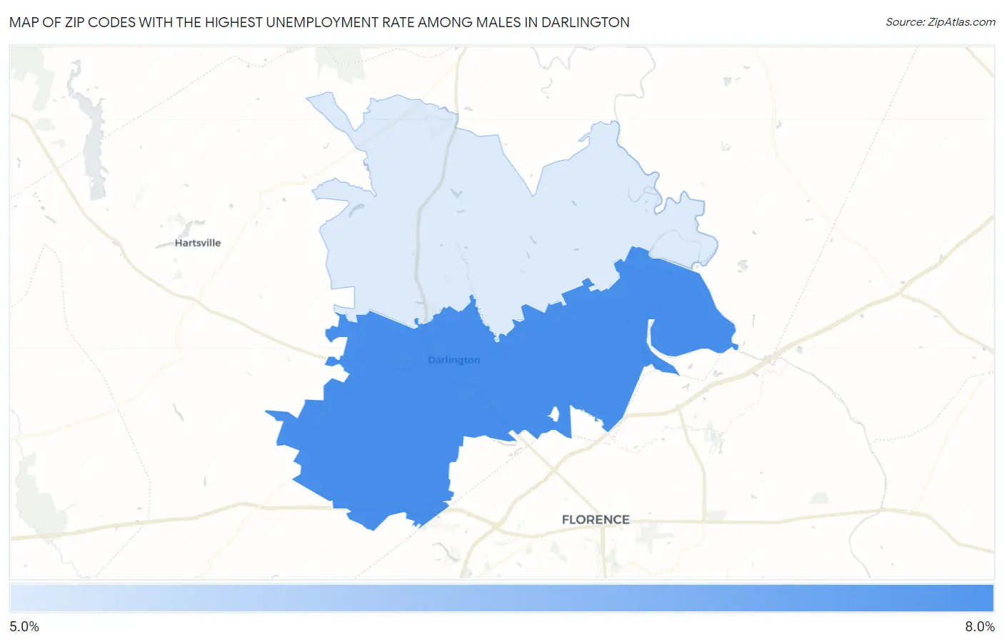 Zip Codes with the Highest Unemployment Rate Among Males in Darlington Map