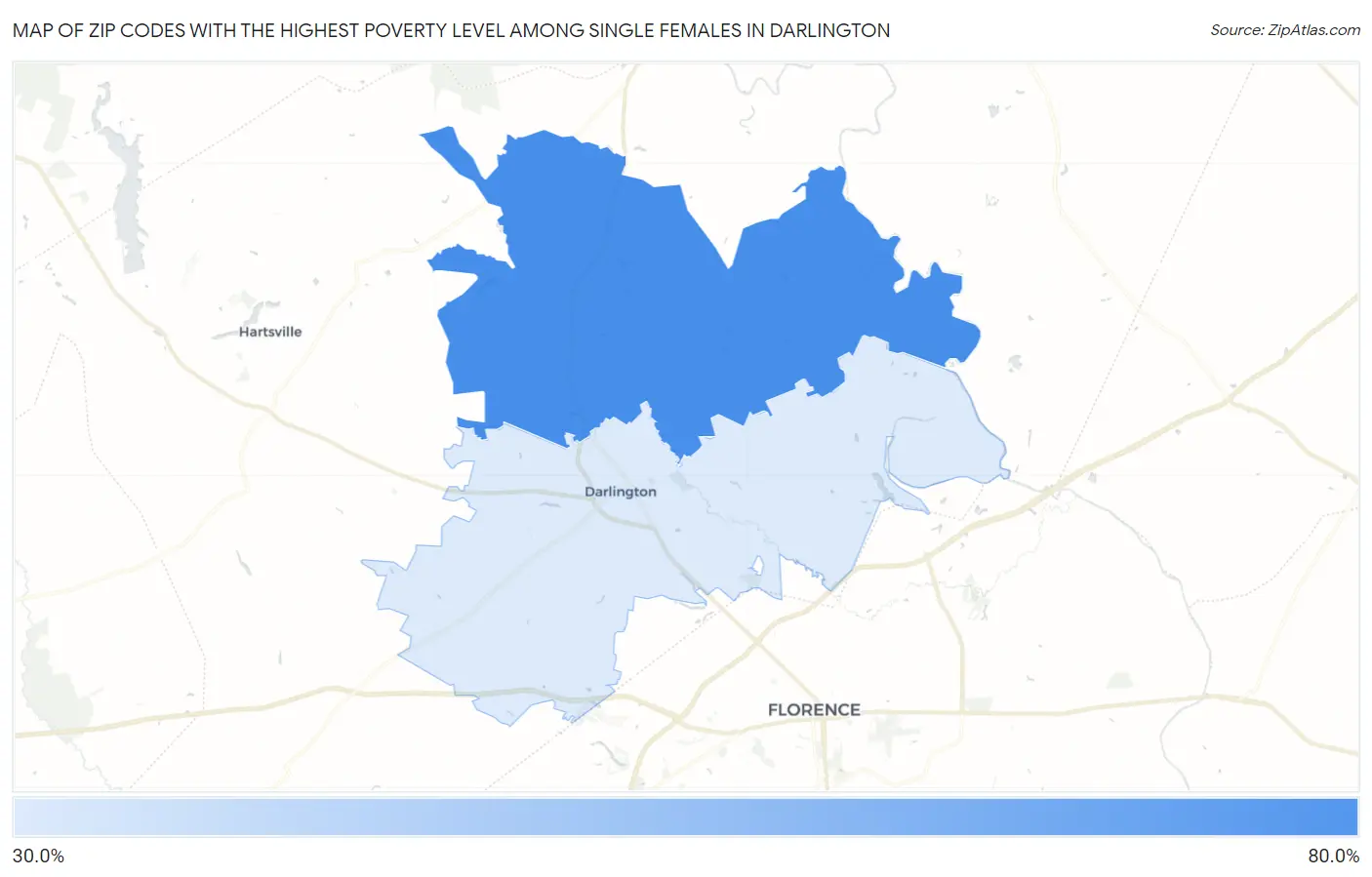 Zip Codes with the Highest Poverty Level Among Single Females in Darlington Map