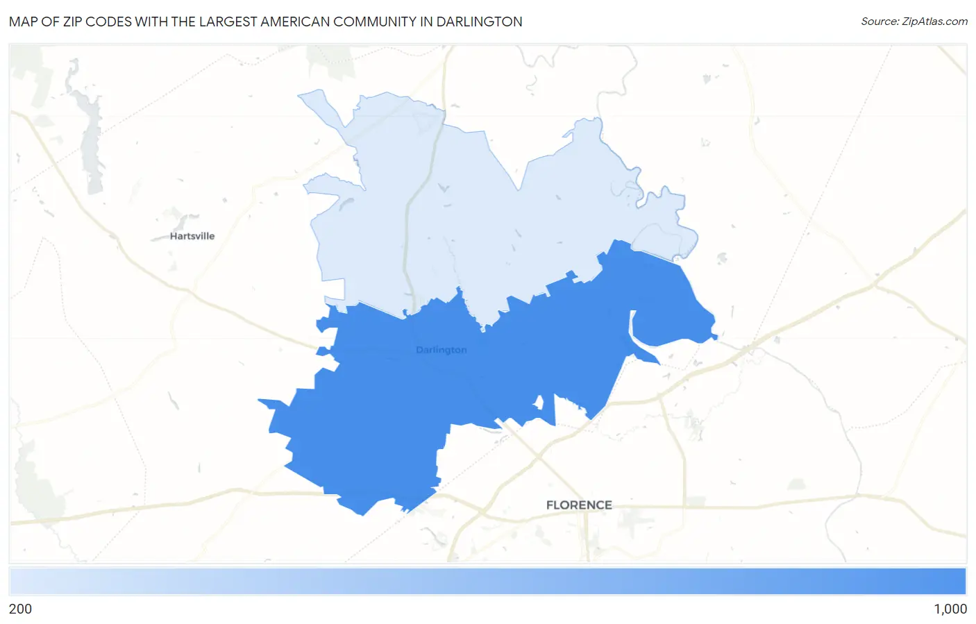 Zip Codes with the Largest American Community in Darlington Map