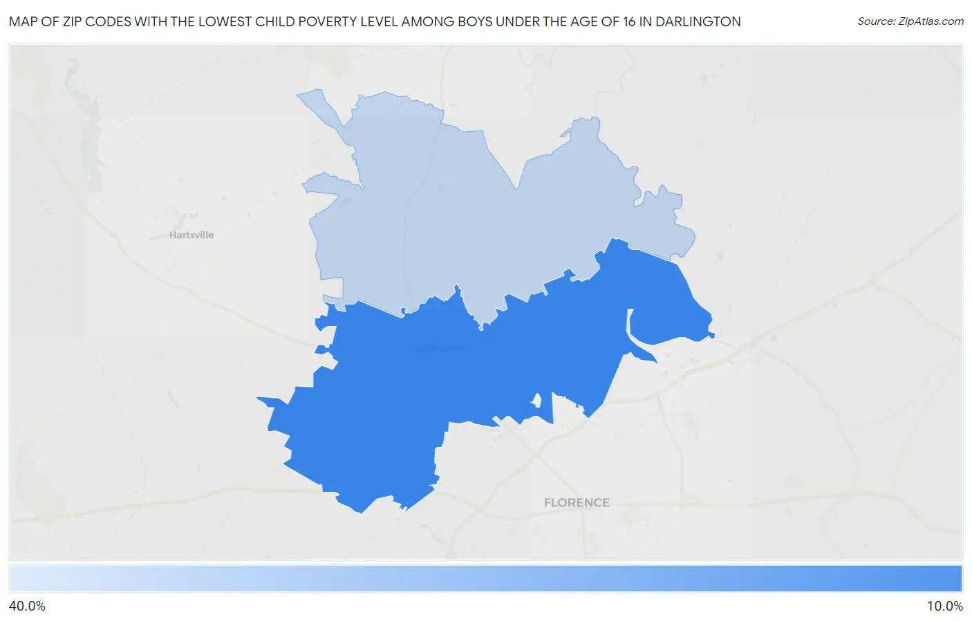 Zip Codes with the Lowest Child Poverty Level Among Boys Under the Age of 16 in Darlington Map