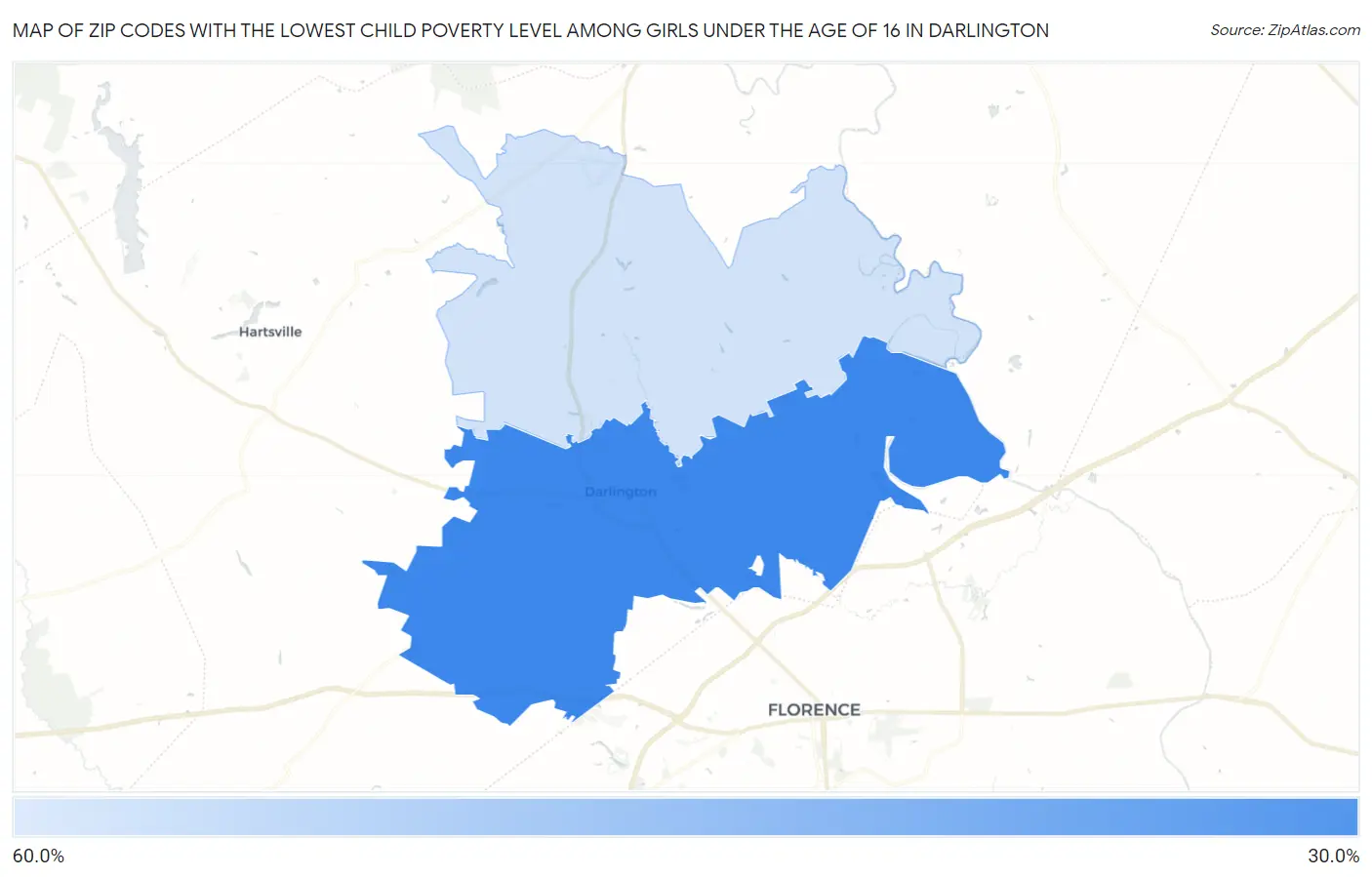 Zip Codes with the Lowest Child Poverty Level Among Girls Under the Age of 16 in Darlington Map