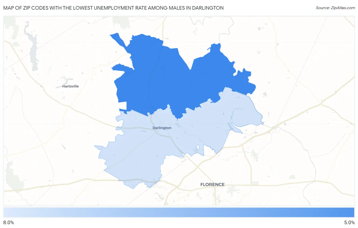 Zip Codes with the Lowest Unemployment Rate Among Males in Darlington Map