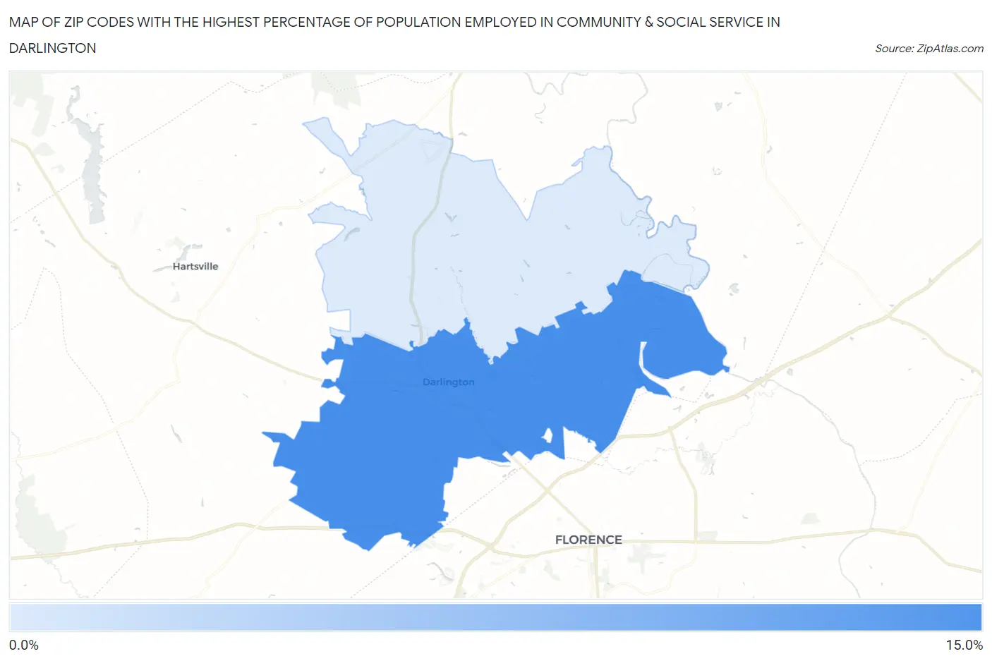 Zip Codes with the Highest Percentage of Population Employed in Community & Social Service  in Darlington Map