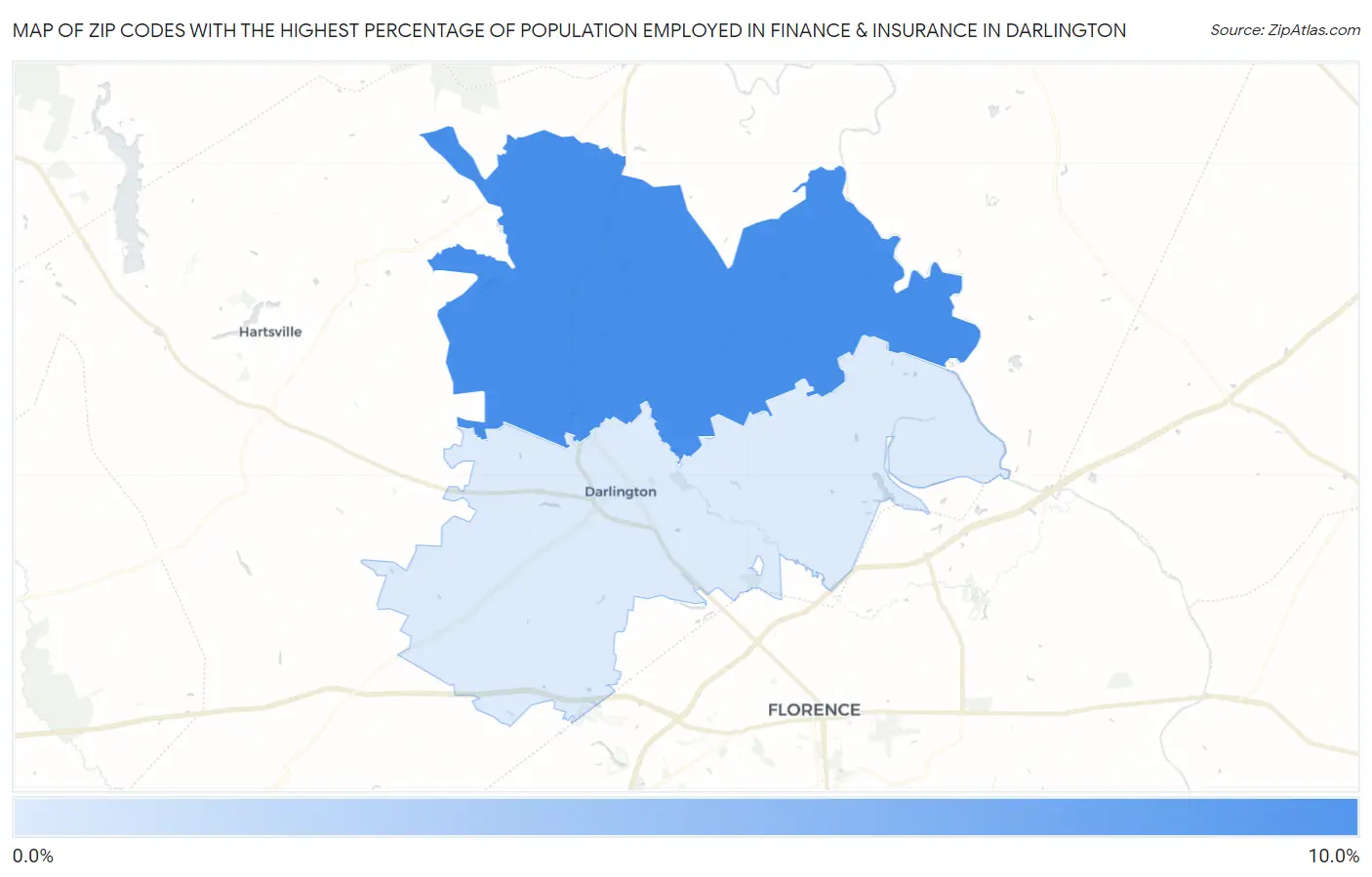 Zip Codes with the Highest Percentage of Population Employed in Finance & Insurance in Darlington Map
