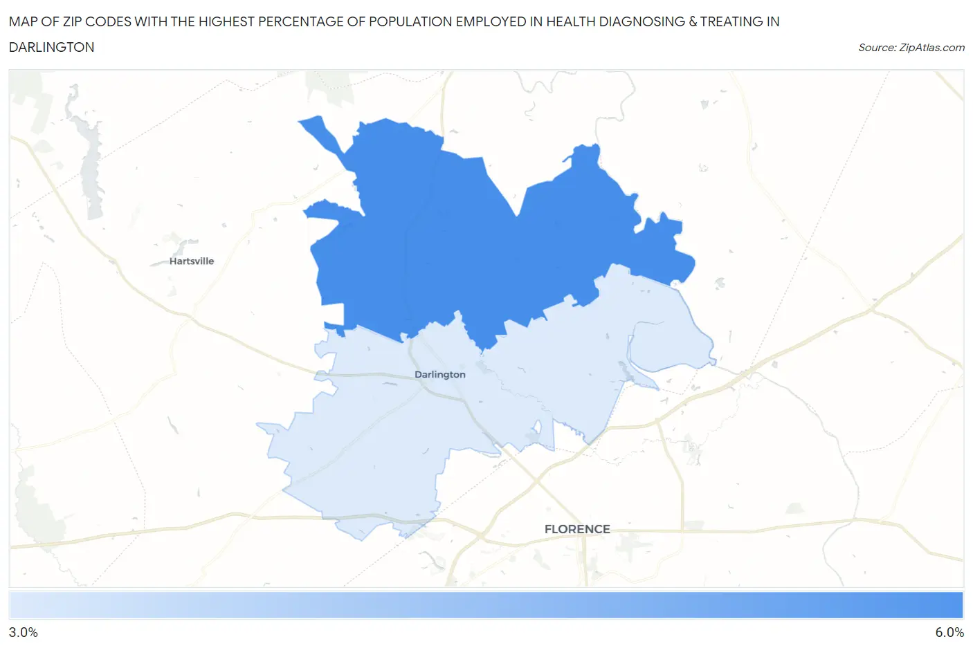 Zip Codes with the Highest Percentage of Population Employed in Health Diagnosing & Treating in Darlington Map