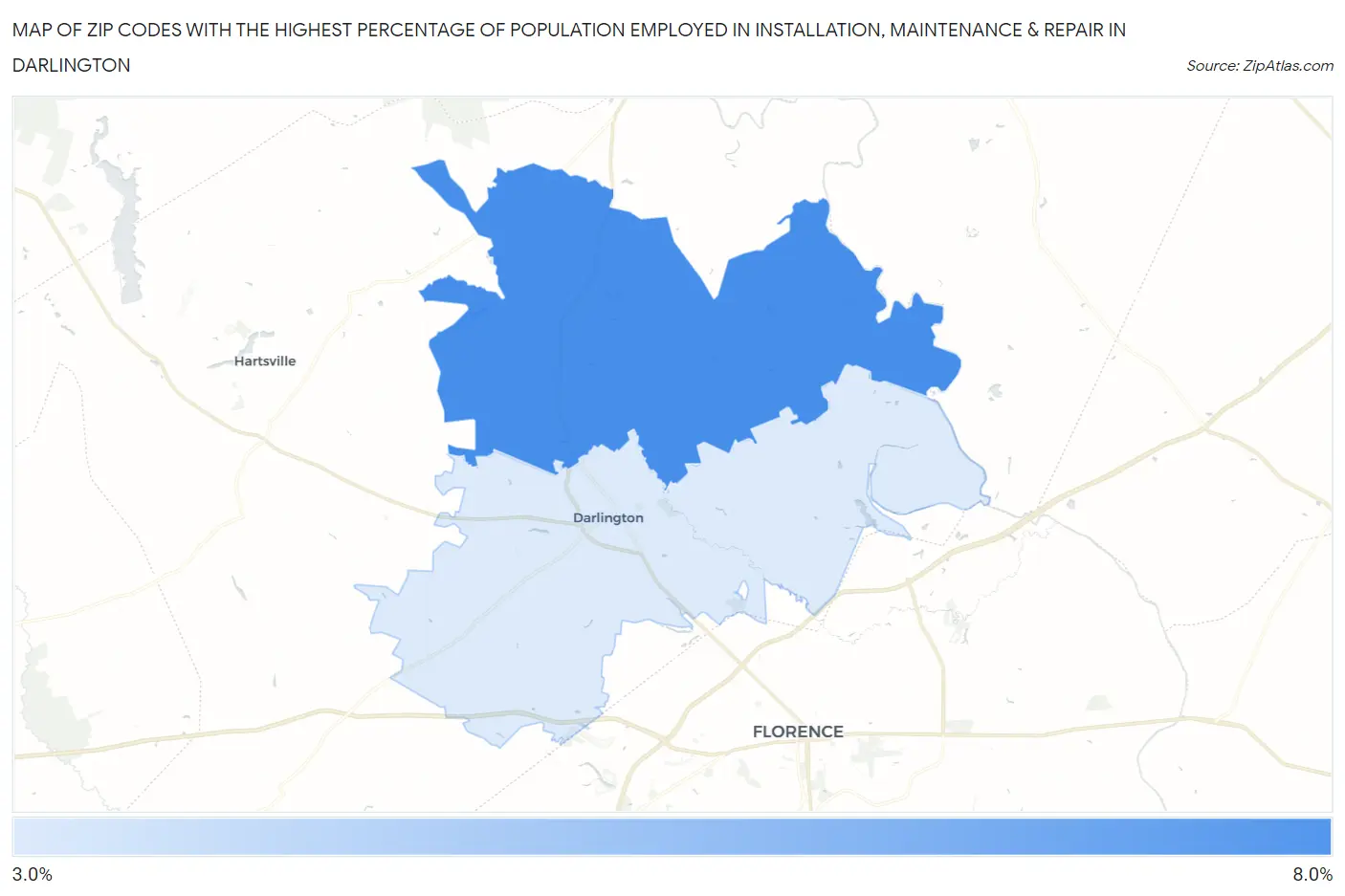 Zip Codes with the Highest Percentage of Population Employed in Installation, Maintenance & Repair in Darlington Map
