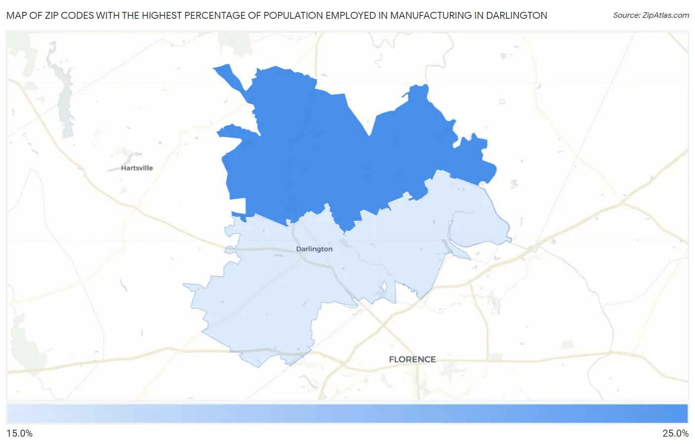 Zip Codes with the Highest Percentage of Population Employed in Manufacturing in Darlington Map