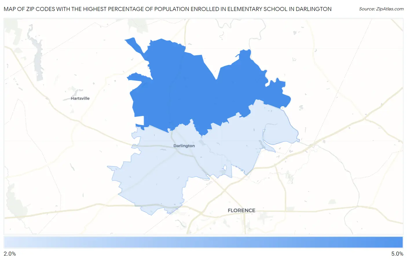 Zip Codes with the Highest Percentage of Population Enrolled in Elementary School in Darlington Map