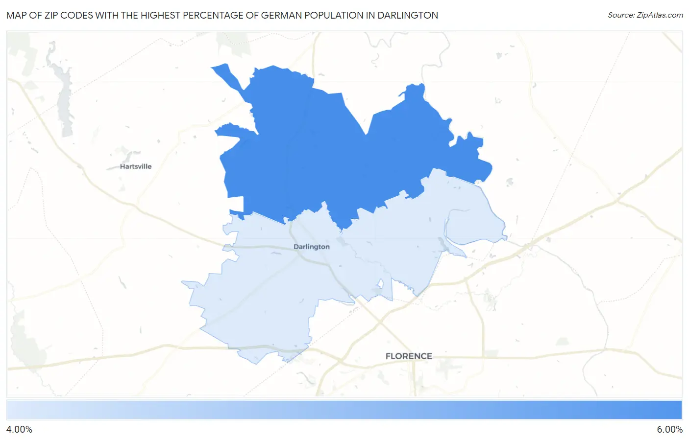 Zip Codes with the Highest Percentage of German Population in Darlington Map