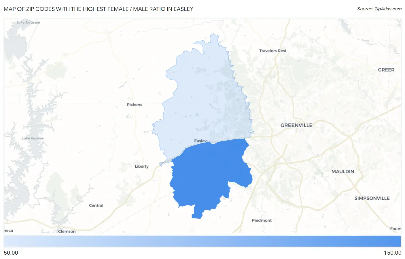 Zip Codes with the Highest Female / Male Ratio in Easley Map