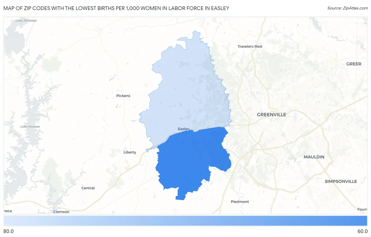 Zip Codes with the Lowest Births per 1,000 Women in Labor Force in Easley Map