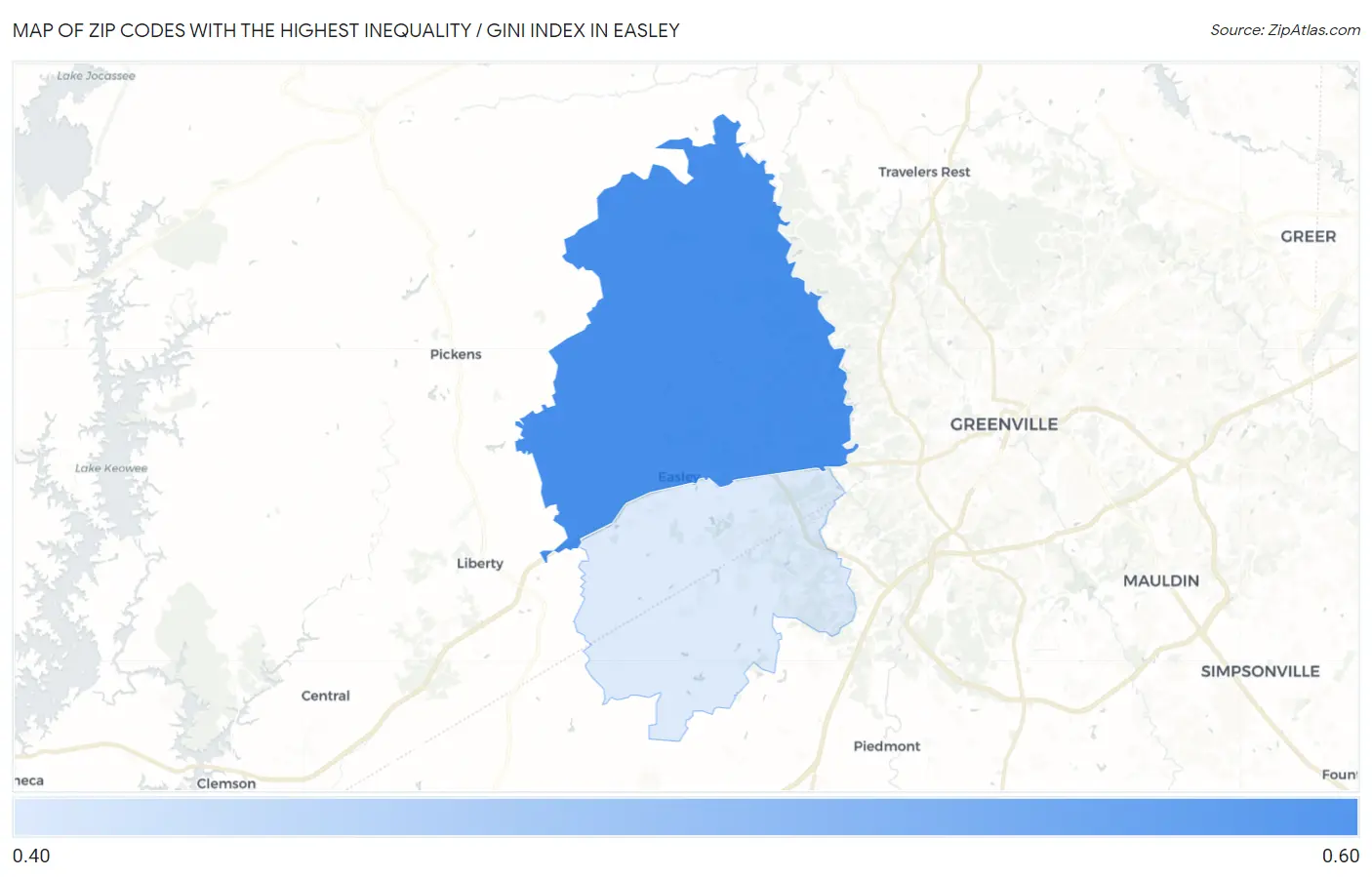 Zip Codes with the Highest Inequality / Gini Index in Easley Map