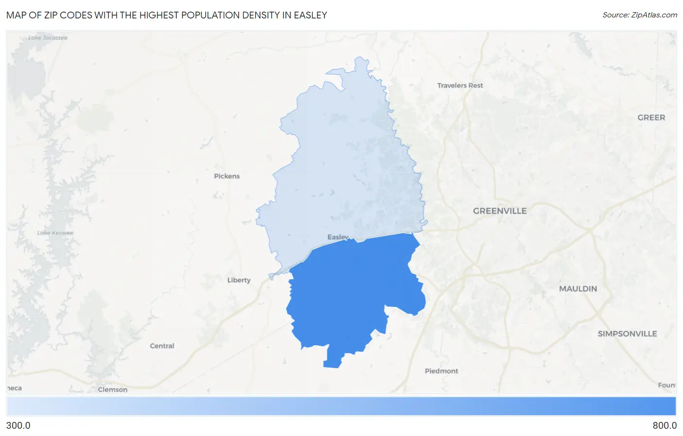 Zip Codes with the Highest Population Density in Easley Map