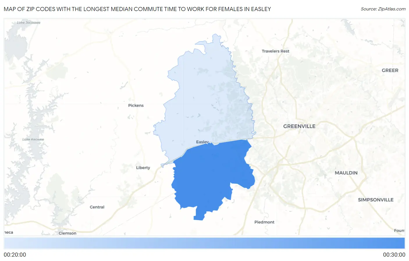 Zip Codes with the Longest Median Commute Time to Work for Females in Easley Map
