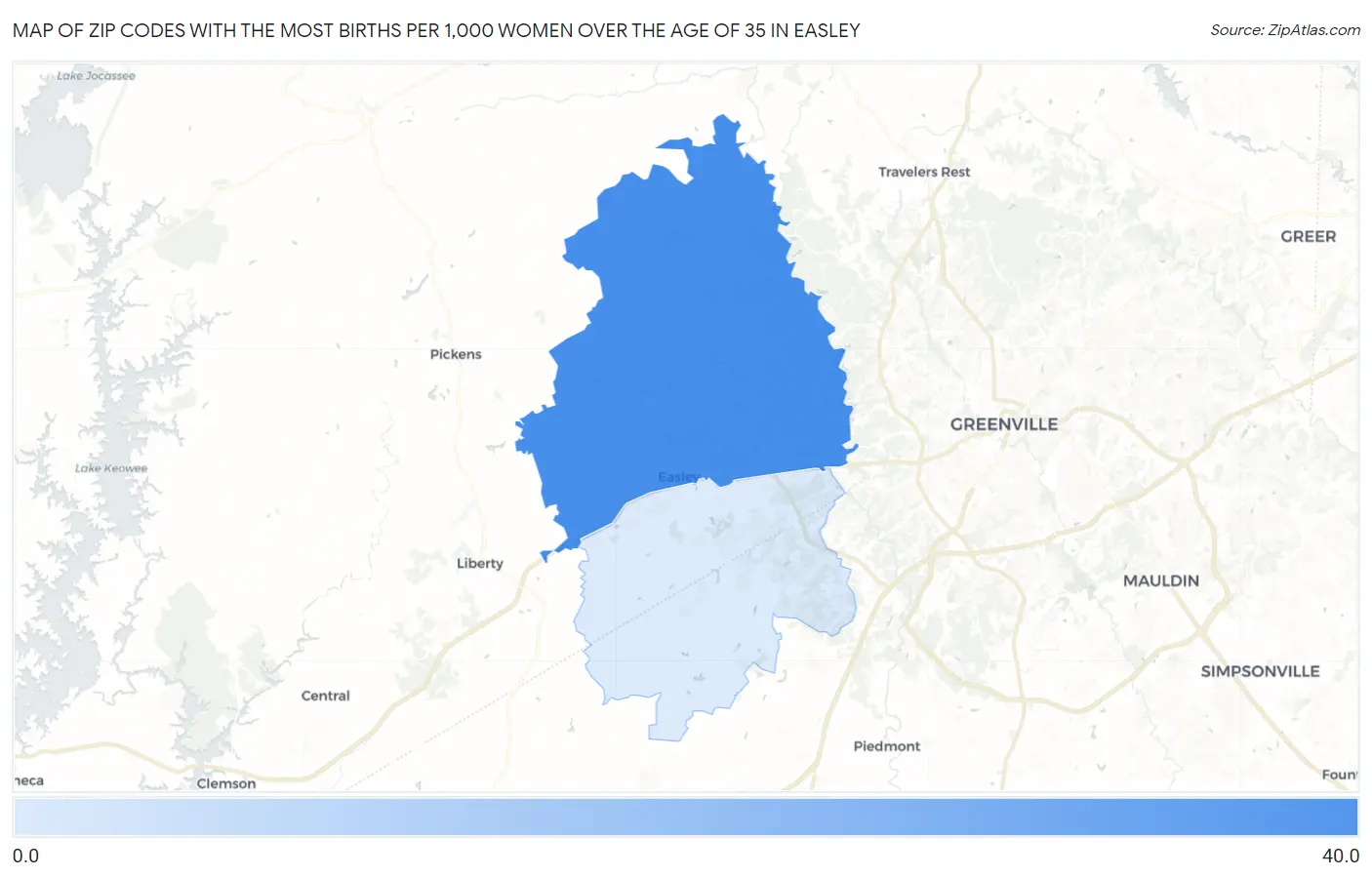 Zip Codes with the Most Births per 1,000 Women Over the Age of 35 in Easley Map