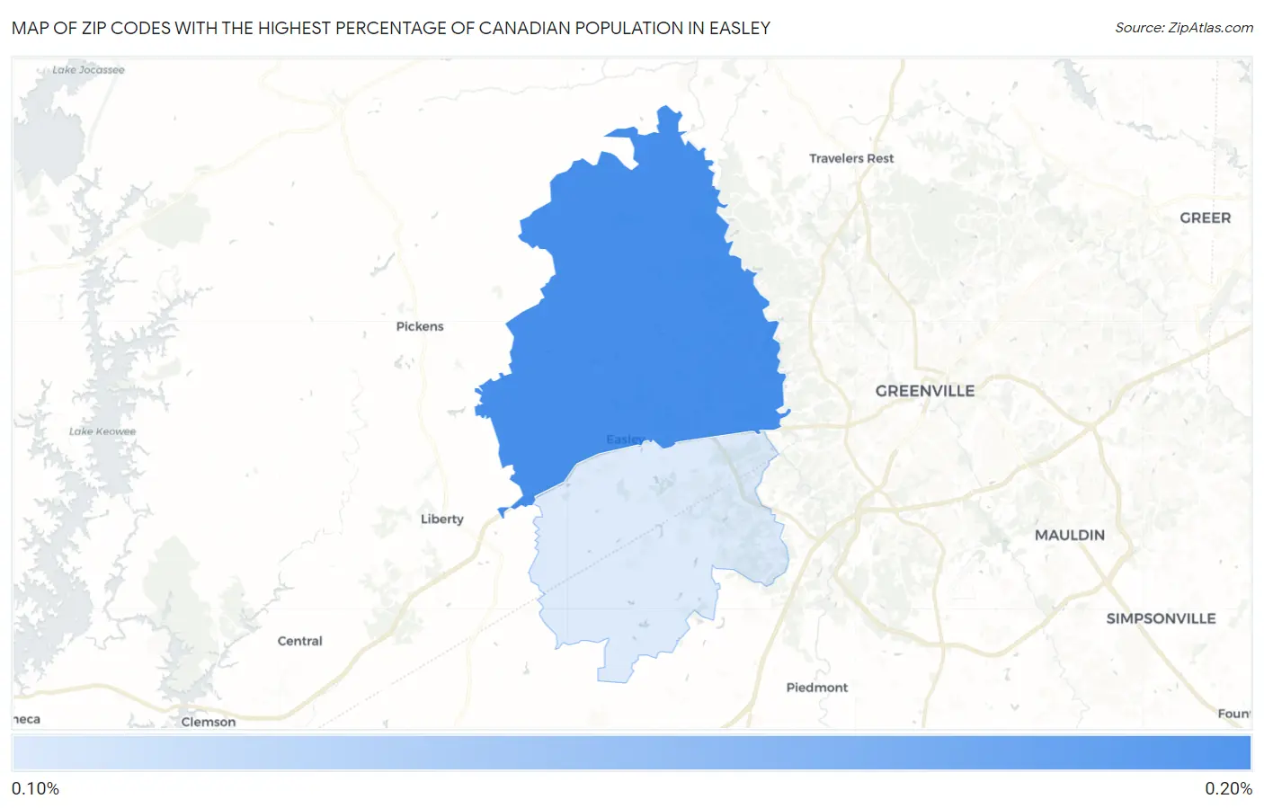 Zip Codes with the Highest Percentage of Canadian Population in Easley Map
