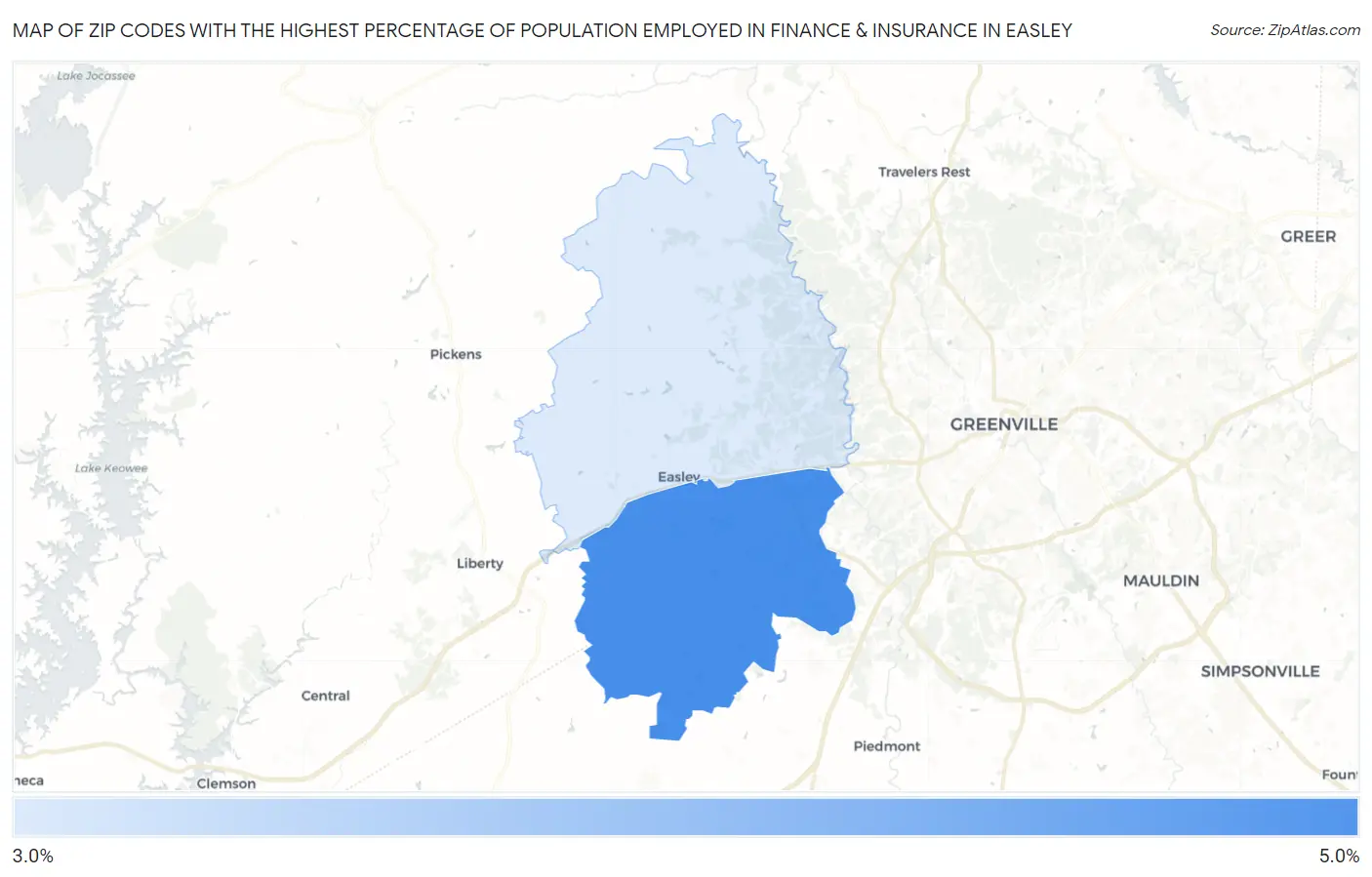 Zip Codes with the Highest Percentage of Population Employed in Finance & Insurance in Easley Map