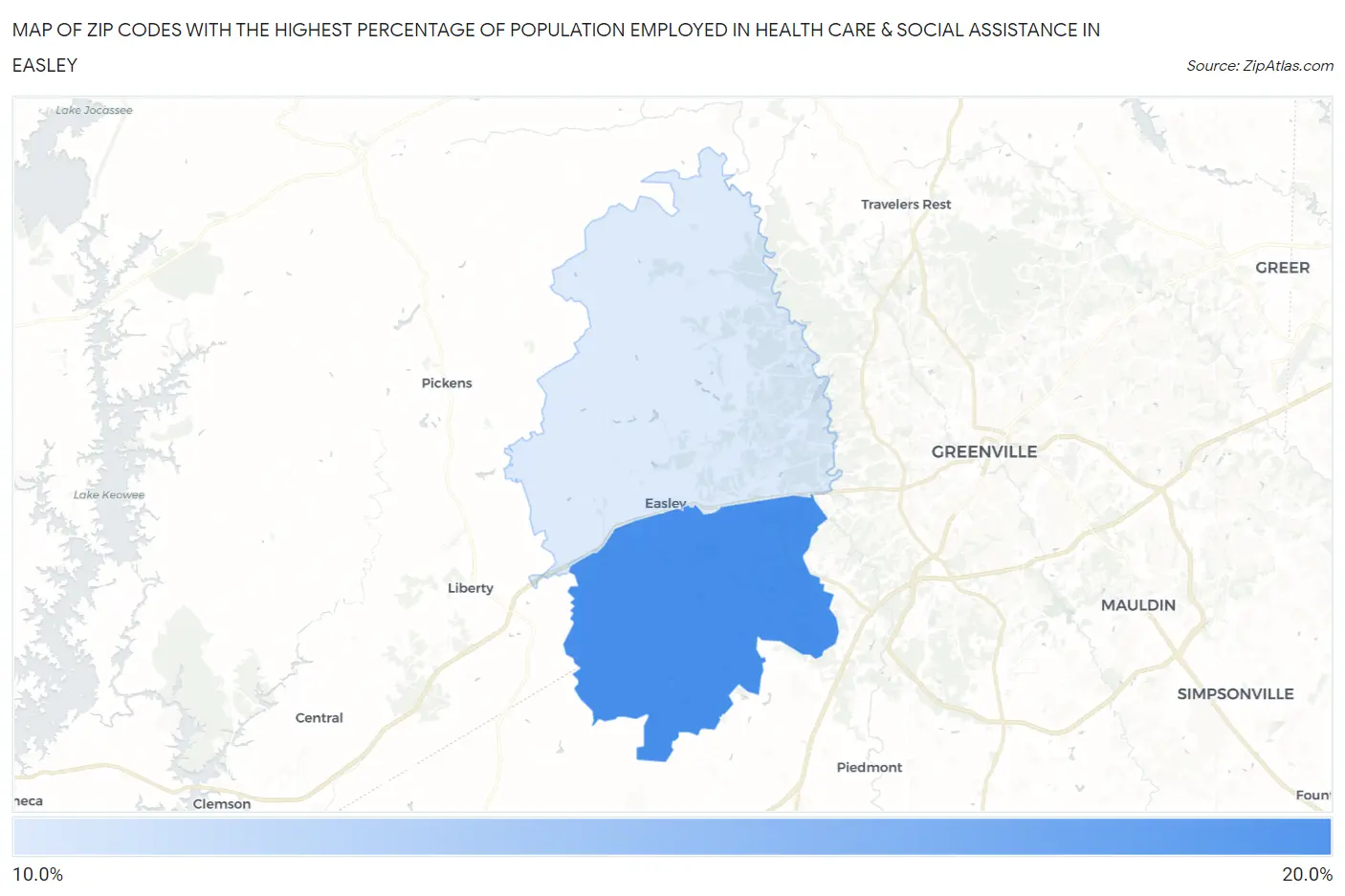 Zip Codes with the Highest Percentage of Population Employed in Health Care & Social Assistance in Easley Map