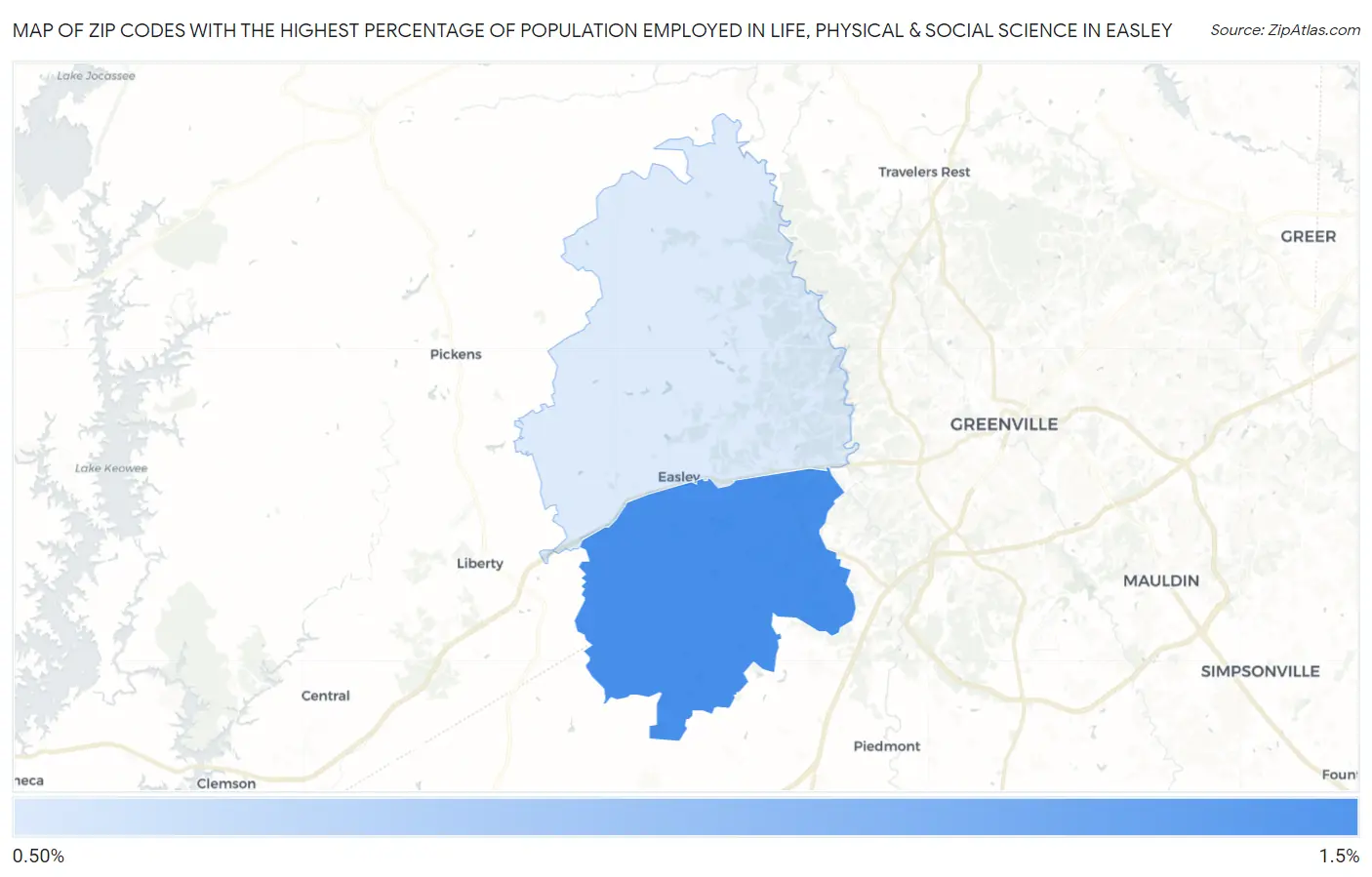 Zip Codes with the Highest Percentage of Population Employed in Life, Physical & Social Science in Easley Map