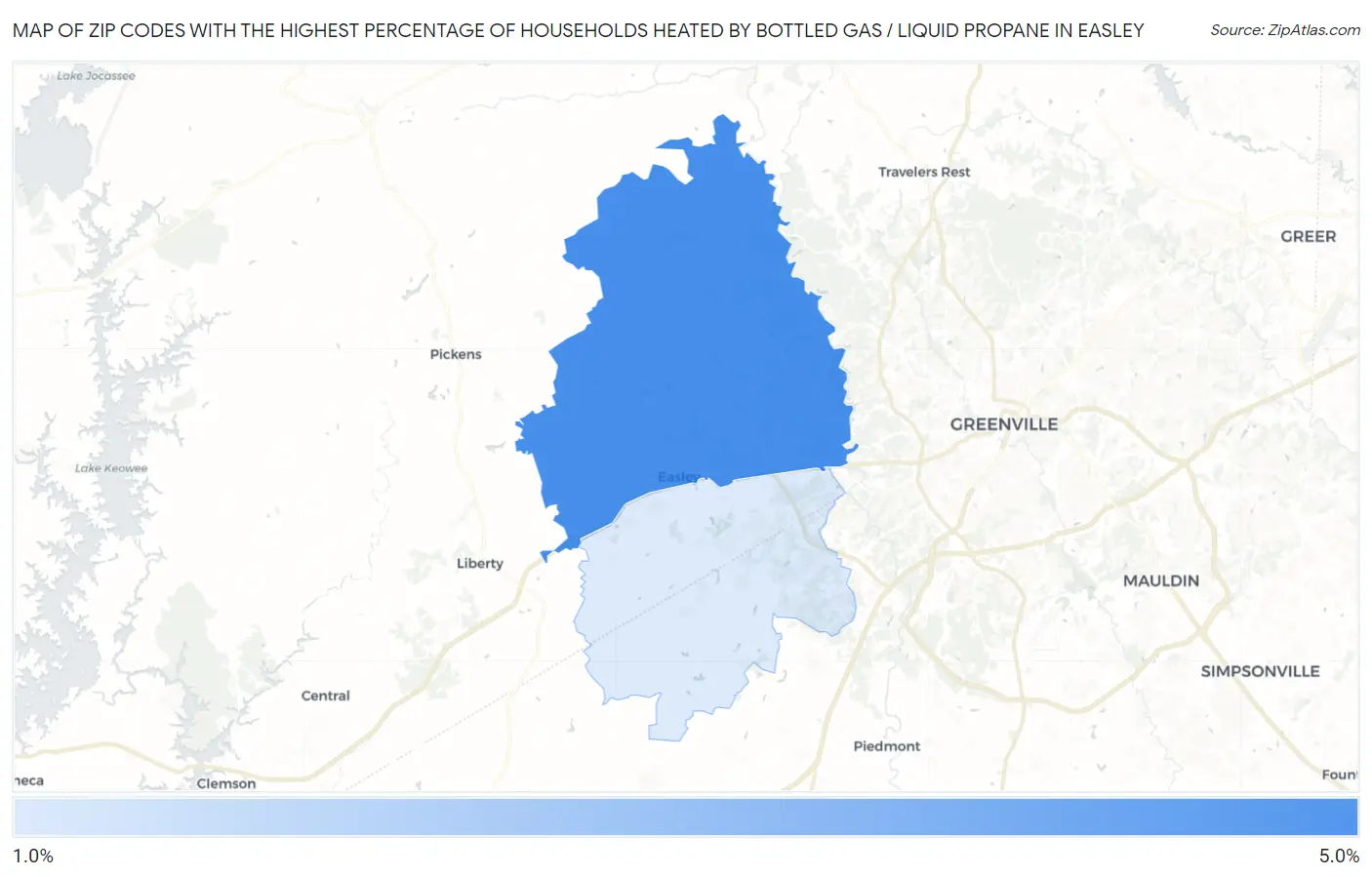 Zip Codes with the Highest Percentage of Households Heated by Bottled Gas / Liquid Propane in Easley Map