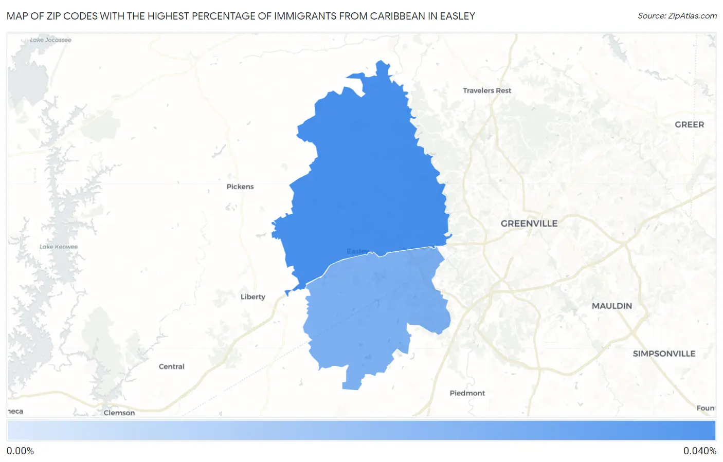 Zip Codes with the Highest Percentage of Immigrants from Caribbean in Easley Map