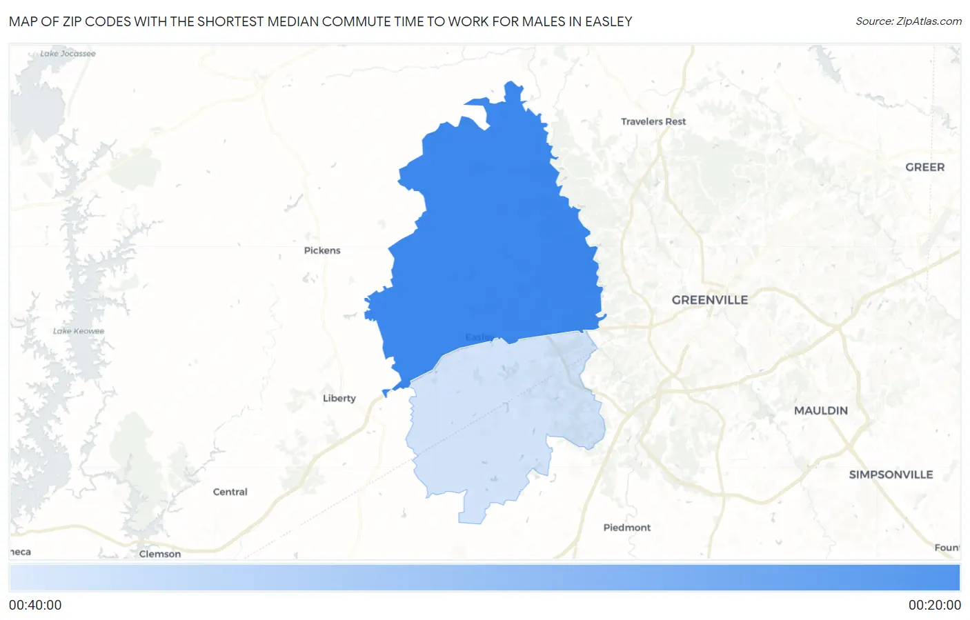 Zip Codes with the Shortest Median Commute Time to Work for Males in Easley Map