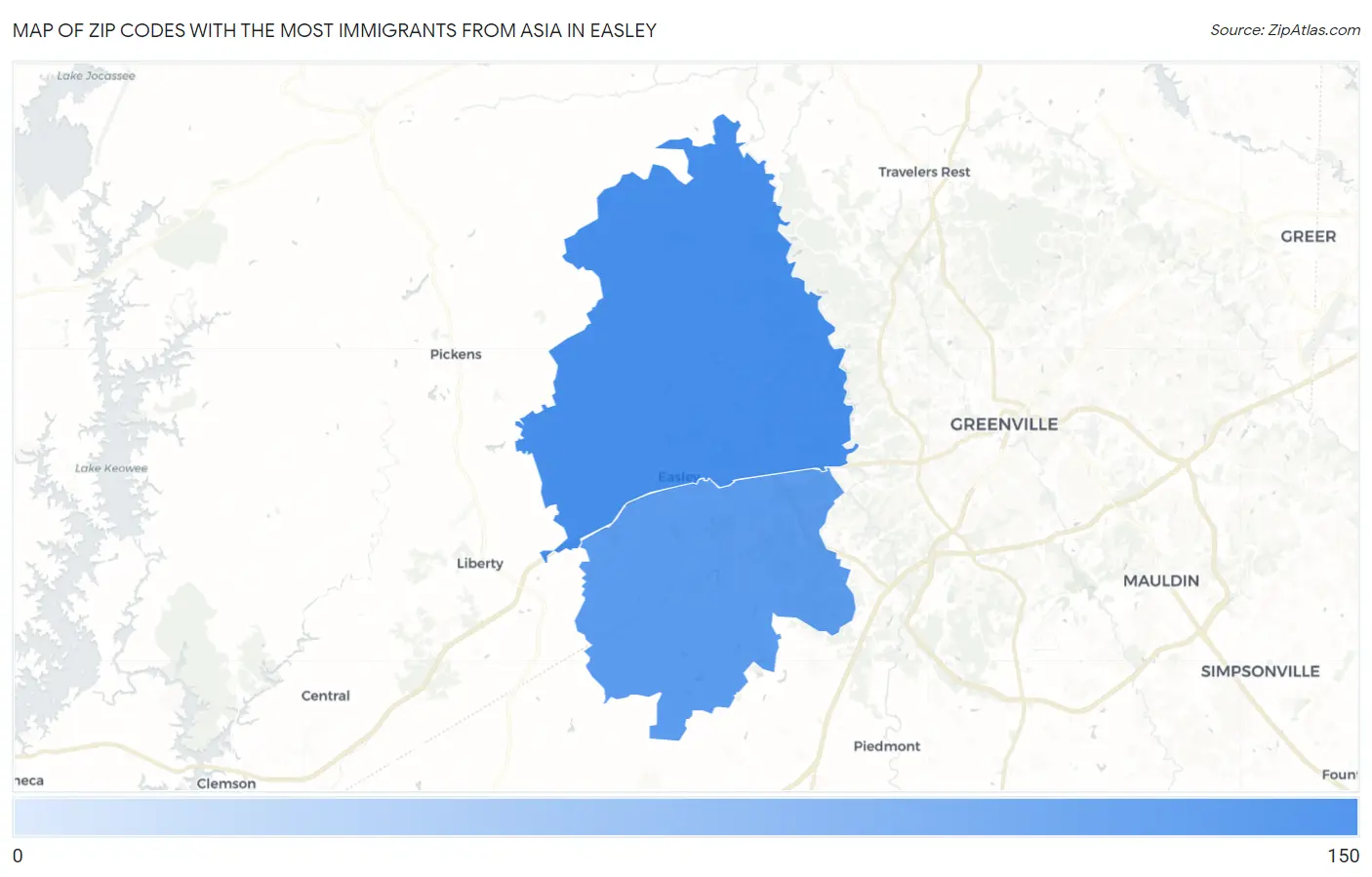 Zip Codes with the Most Immigrants from Asia in Easley Map