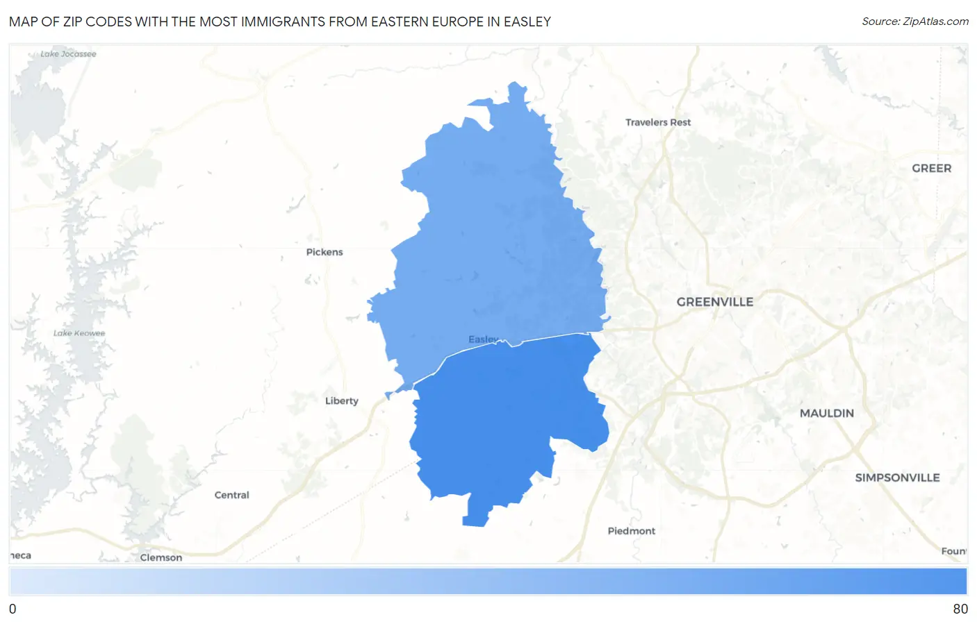 Zip Codes with the Most Immigrants from Eastern Europe in Easley Map