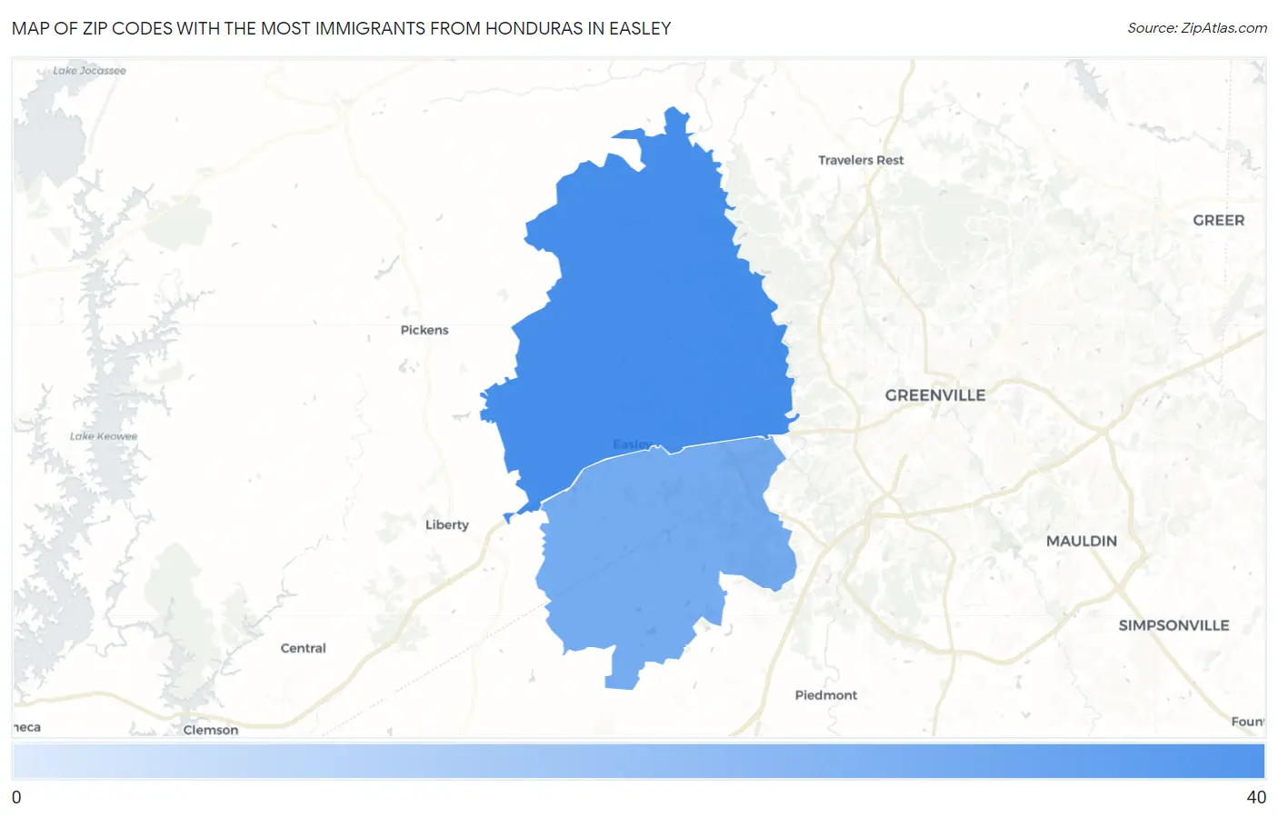 Zip Codes with the Most Immigrants from Honduras in Easley Map